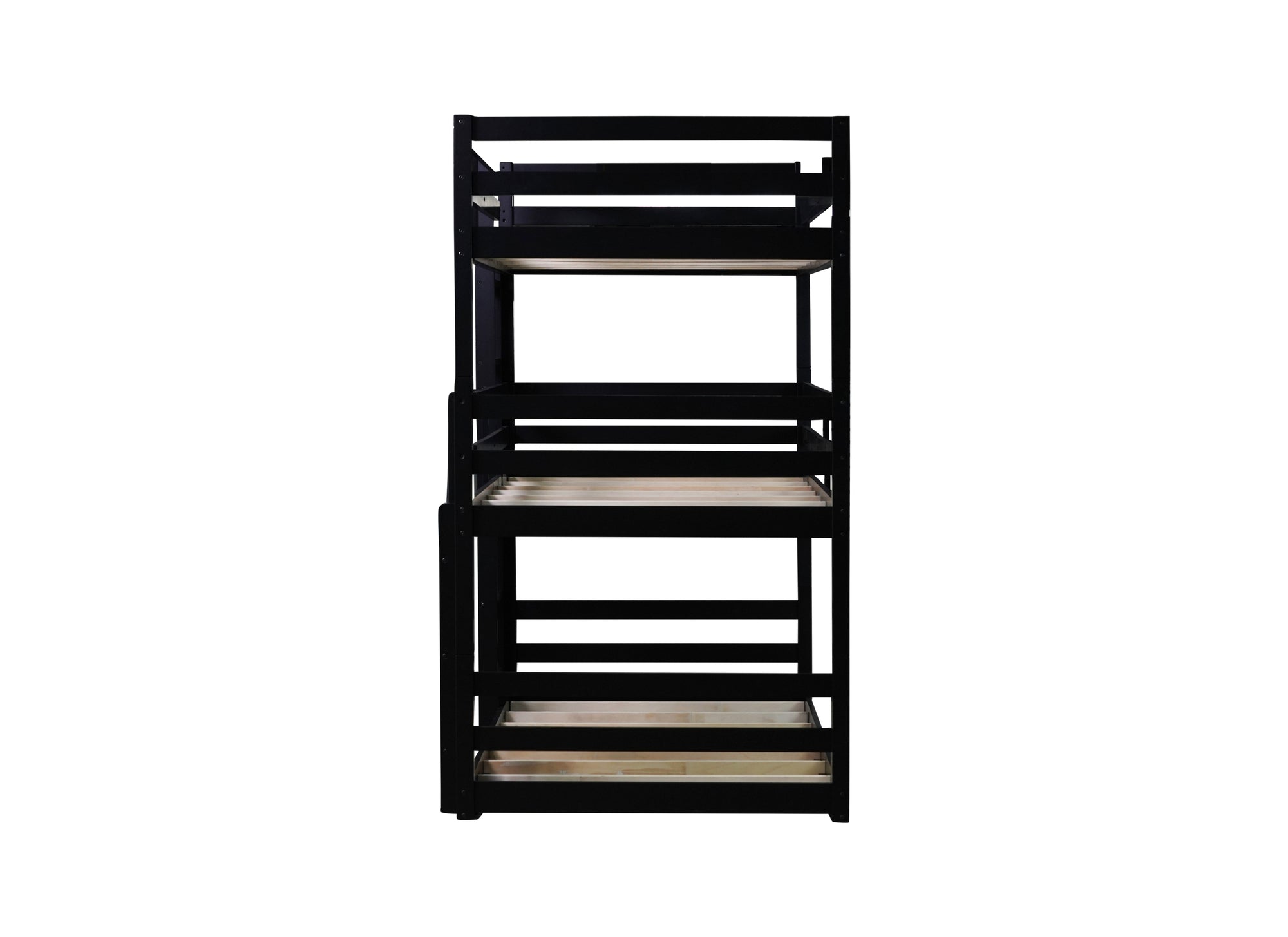 Black Triple Rubber Wood Bunk Bed with Built-In Ladders and Guardrails