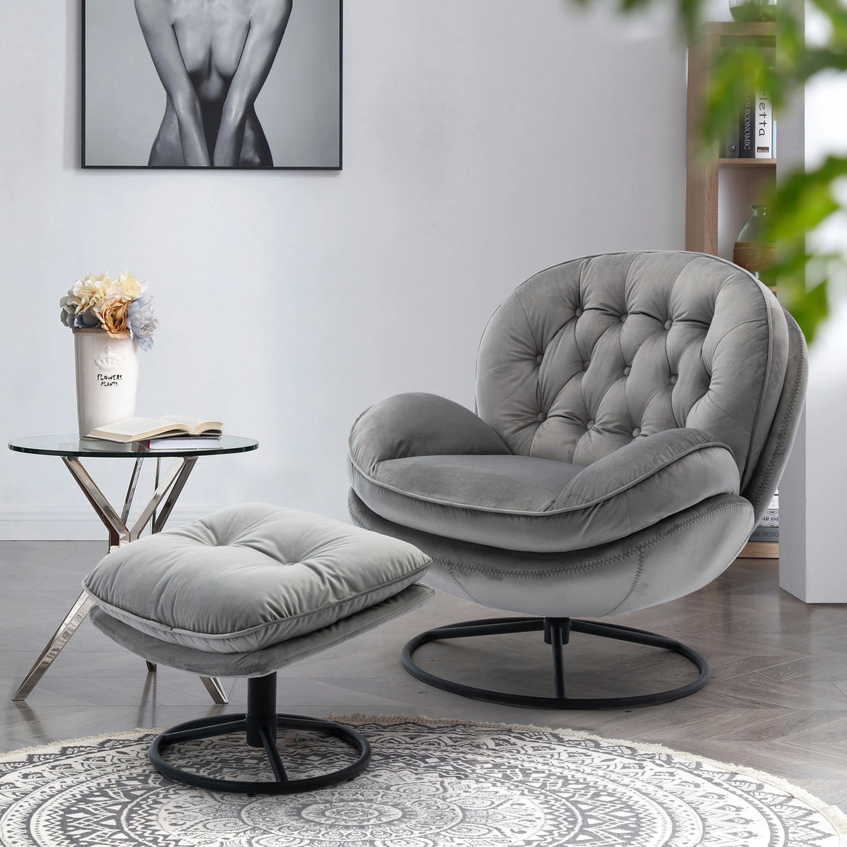 Gray Upholstered Accent Chair with Ottoman