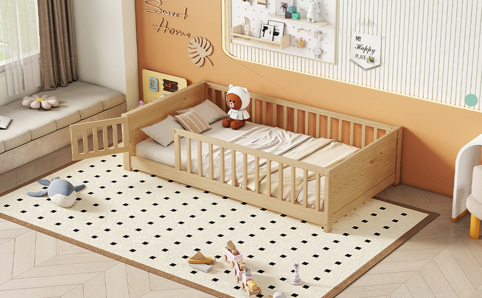 Natural Finish Twin Size Toddler Floor Platform Bed with Built-in Book Storage Rack and Door