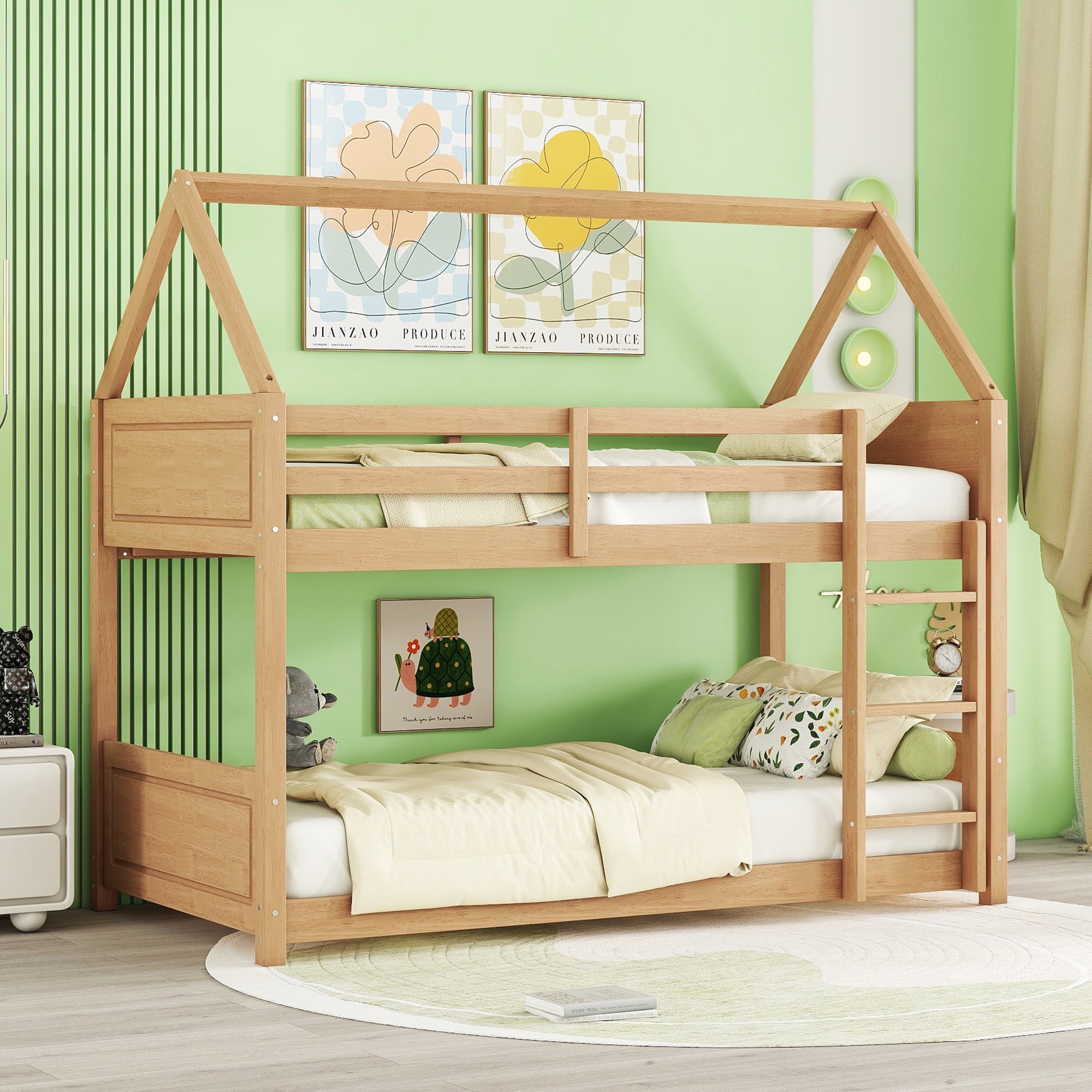 White Oak Twin Over Twin House Floor Bunk Bed with Headboards, Footboards, Guardrails, and Ladder