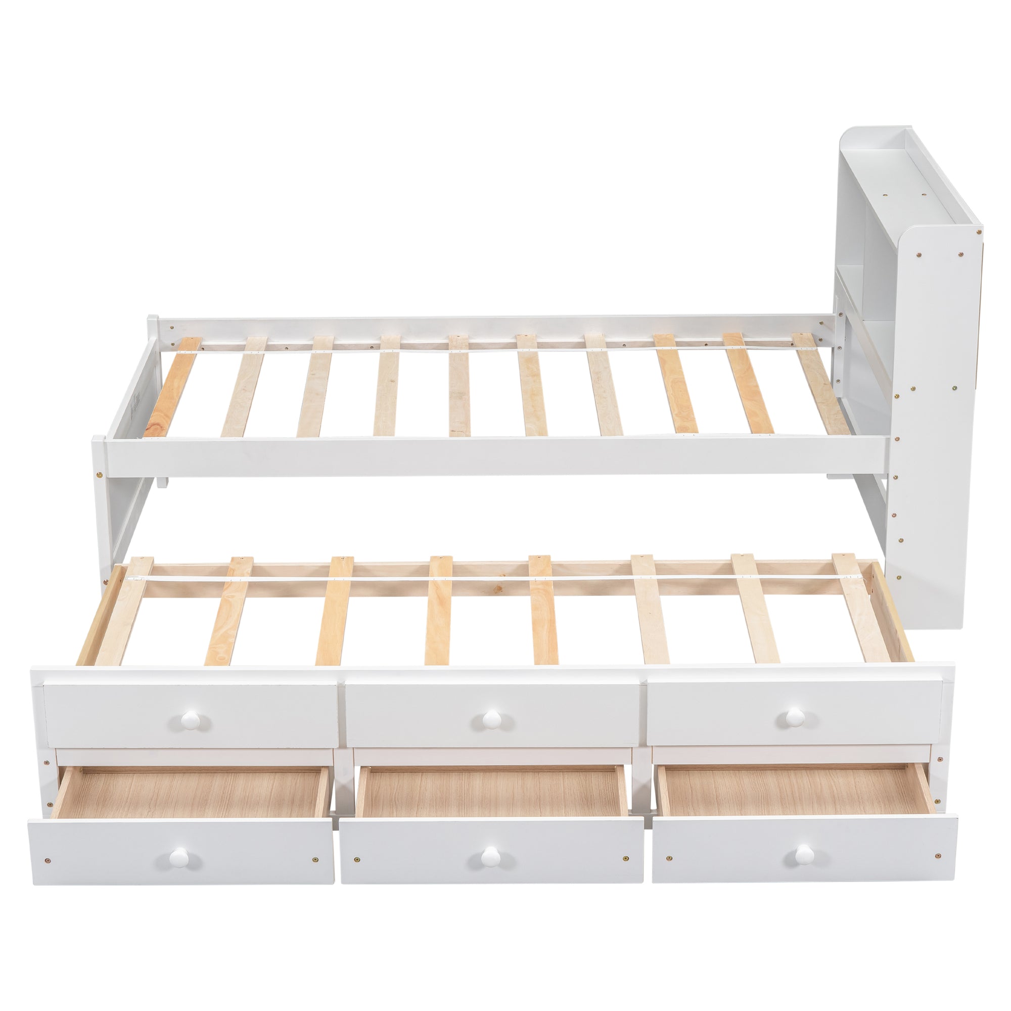 Twin Bed with USB & Type-C Ports, LED Lights, Bookcase Headboard, Trundle & 3 Drawers In White