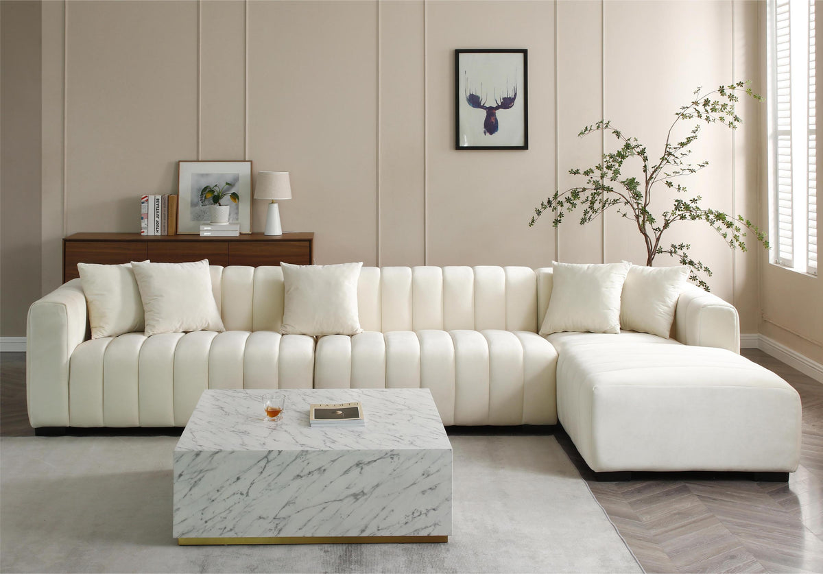 Beige Velvet L-Shaped Sectional Sofa with Tufted Upholstery &amp; Chaise