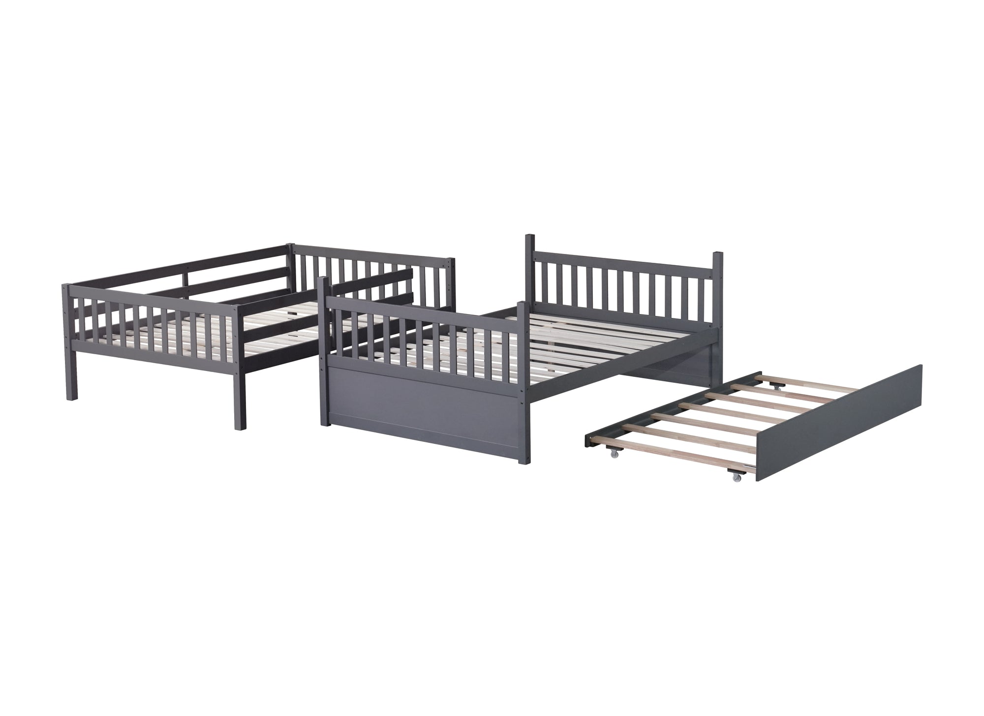 Dark Gray Full Over Full Rubber Wood Bunk Bed with Trundle, Ladder, and Guardrails