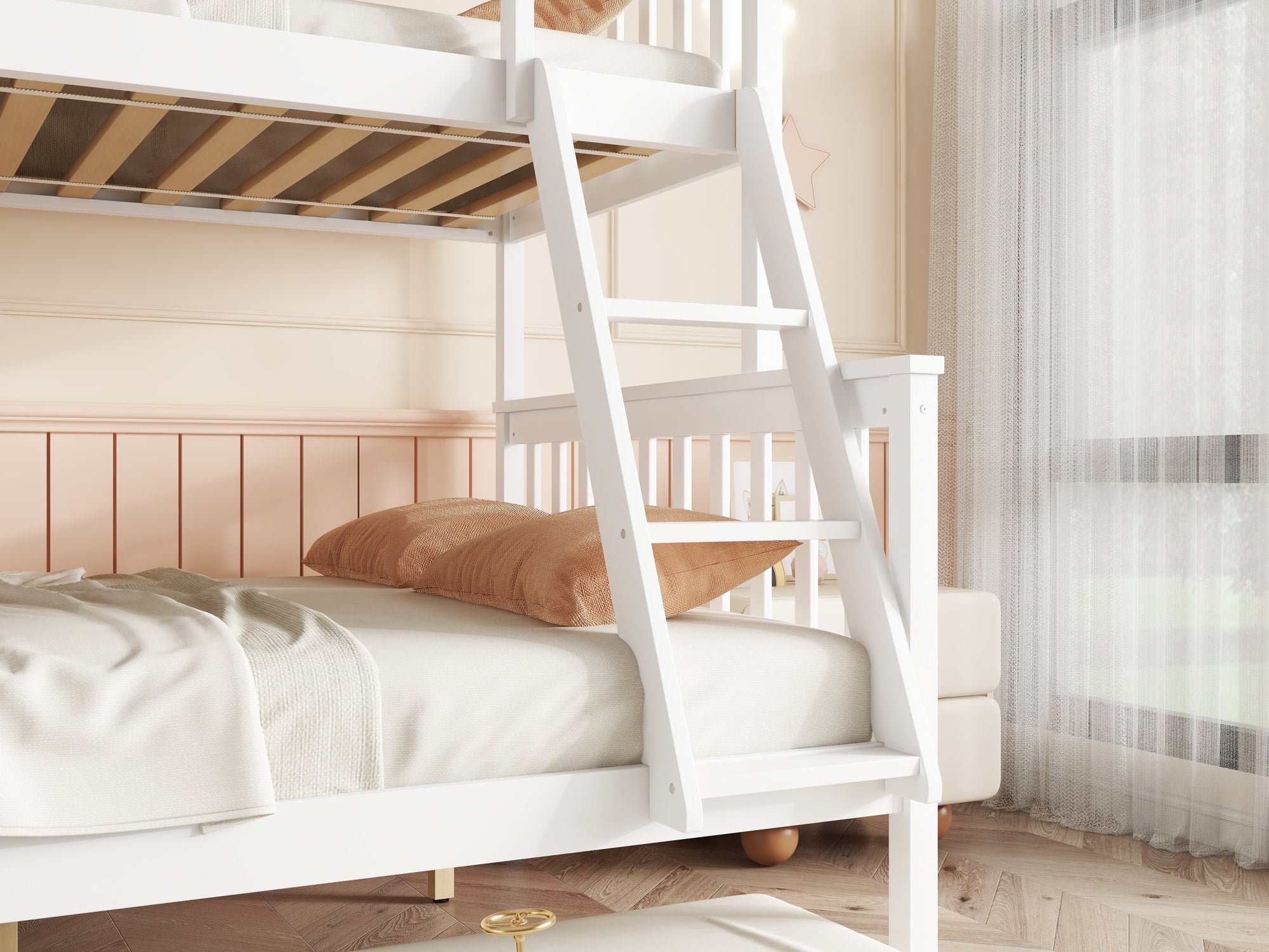 White Twin Over Full Rubber Wood Bunk Bed with Trundle, Detachable Ladder, and Guardrails