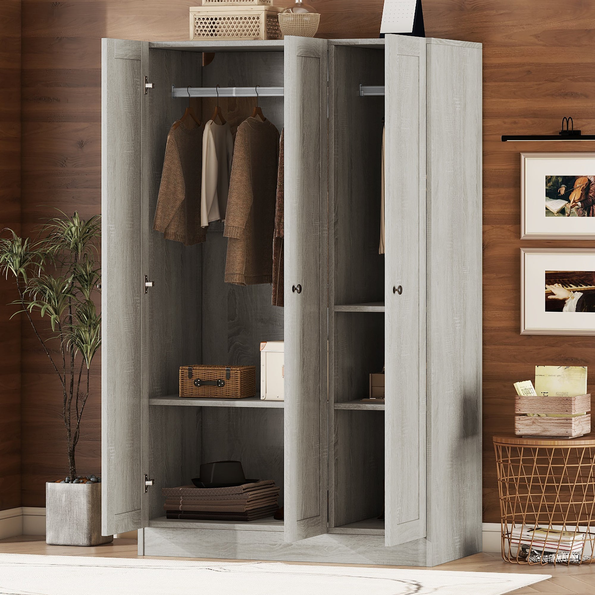 3-Door Shutter Wardrobe with Shelves Made of MDF in Gray