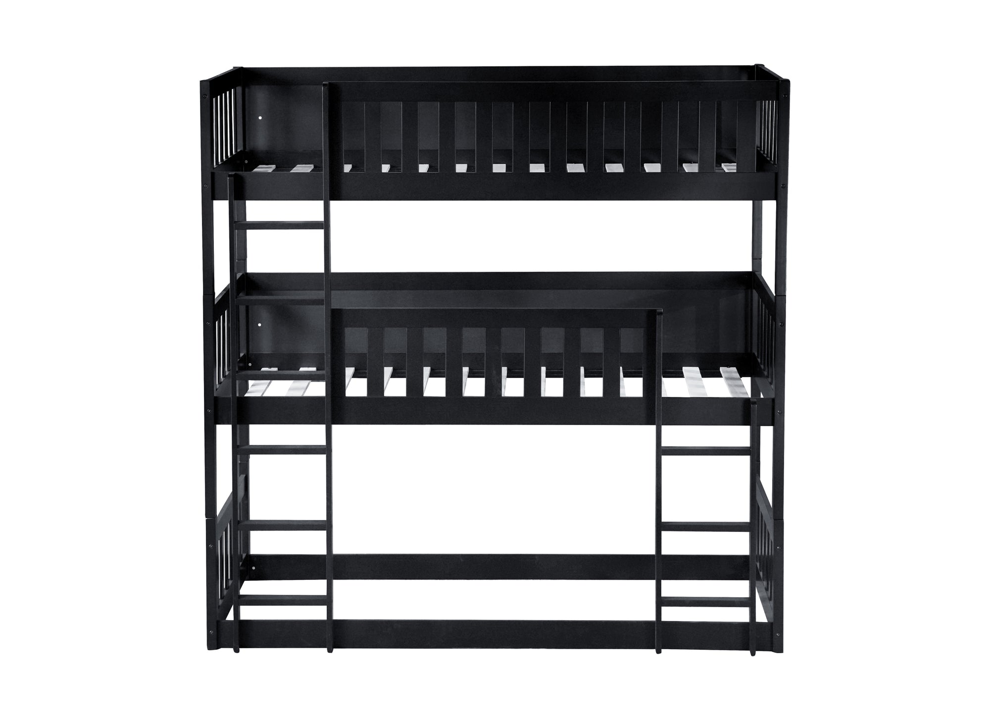 Black Twin Size Triple Rubber Wood Bunk Bed with Ladders and Detachable Design