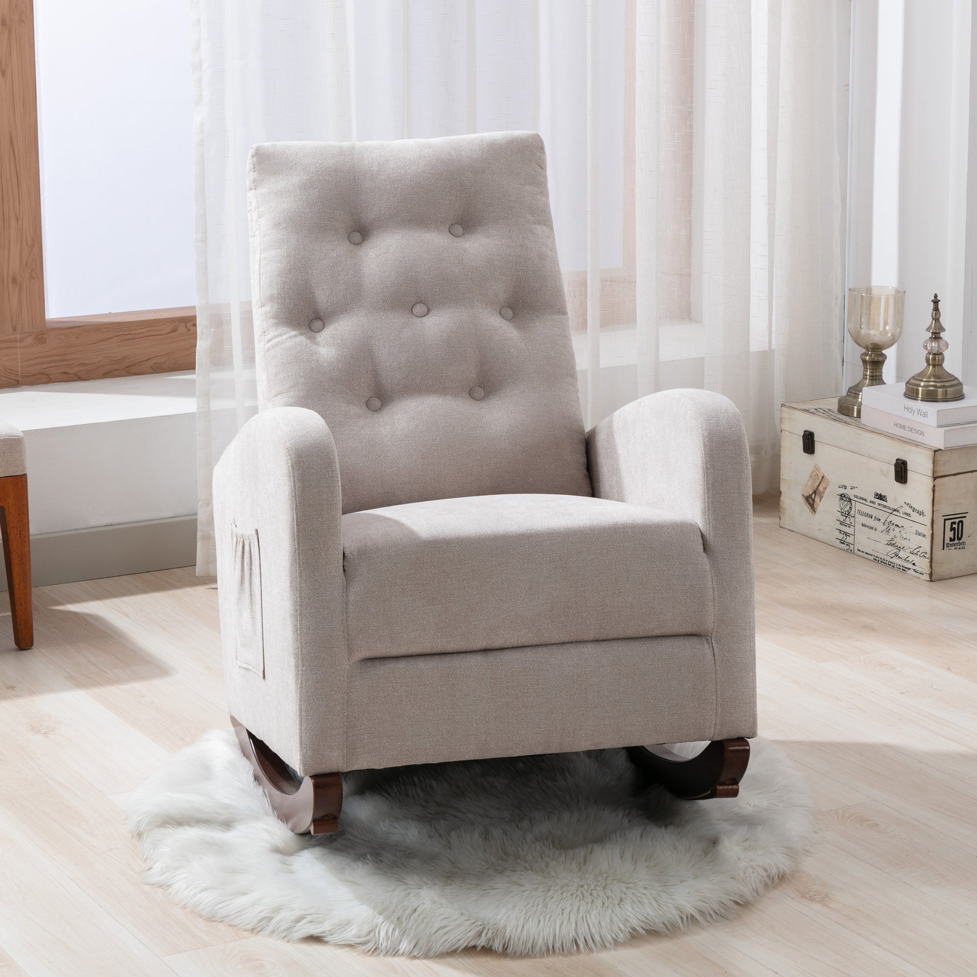 Baby Room High Back Tan Cotton Rocking Chair