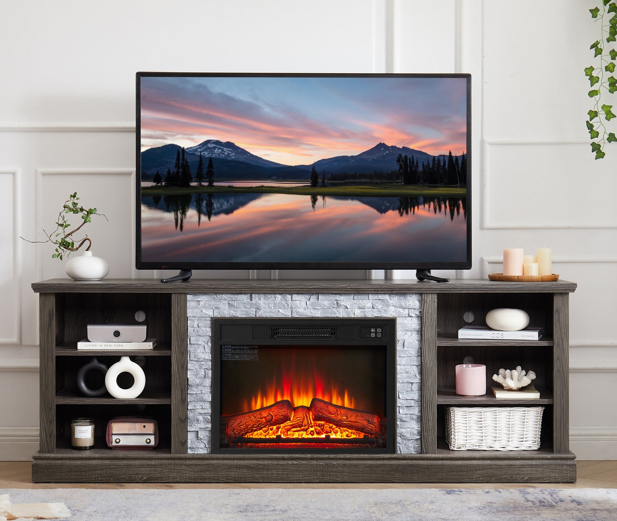 Large TV Desk Storage Rack with Faux Stone Surround Modern Media Stand with Fireplace Insert In Cherry