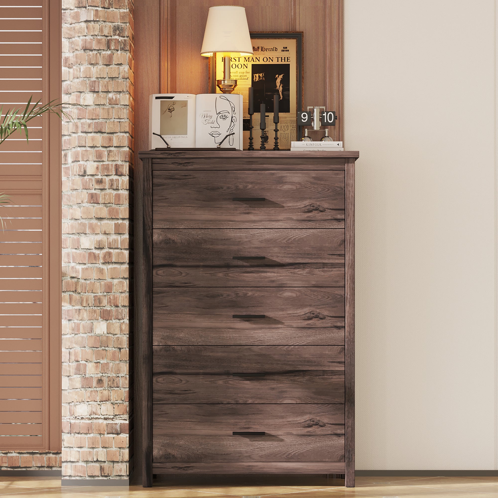 Retro American Country Style Wooden Dresser with 5 Drawer Storage Cabinet for Bedroom In Dark Walnut