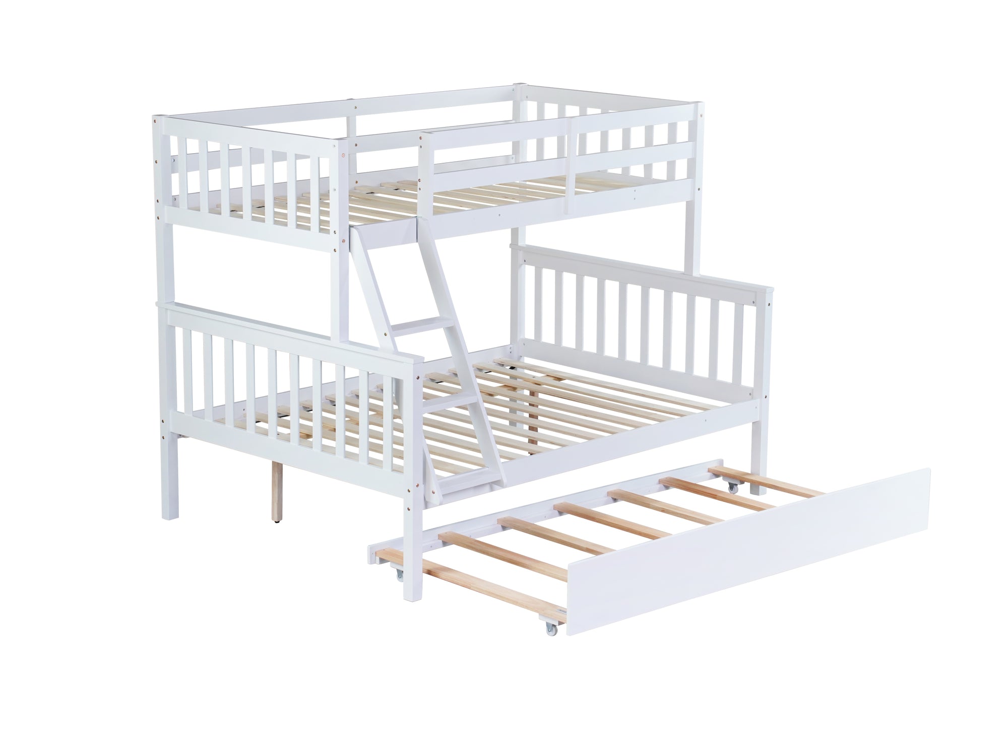 White Twin Over Full Rubber Wood Bunk Bed with Trundle, Detachable Ladder, and Guardrails