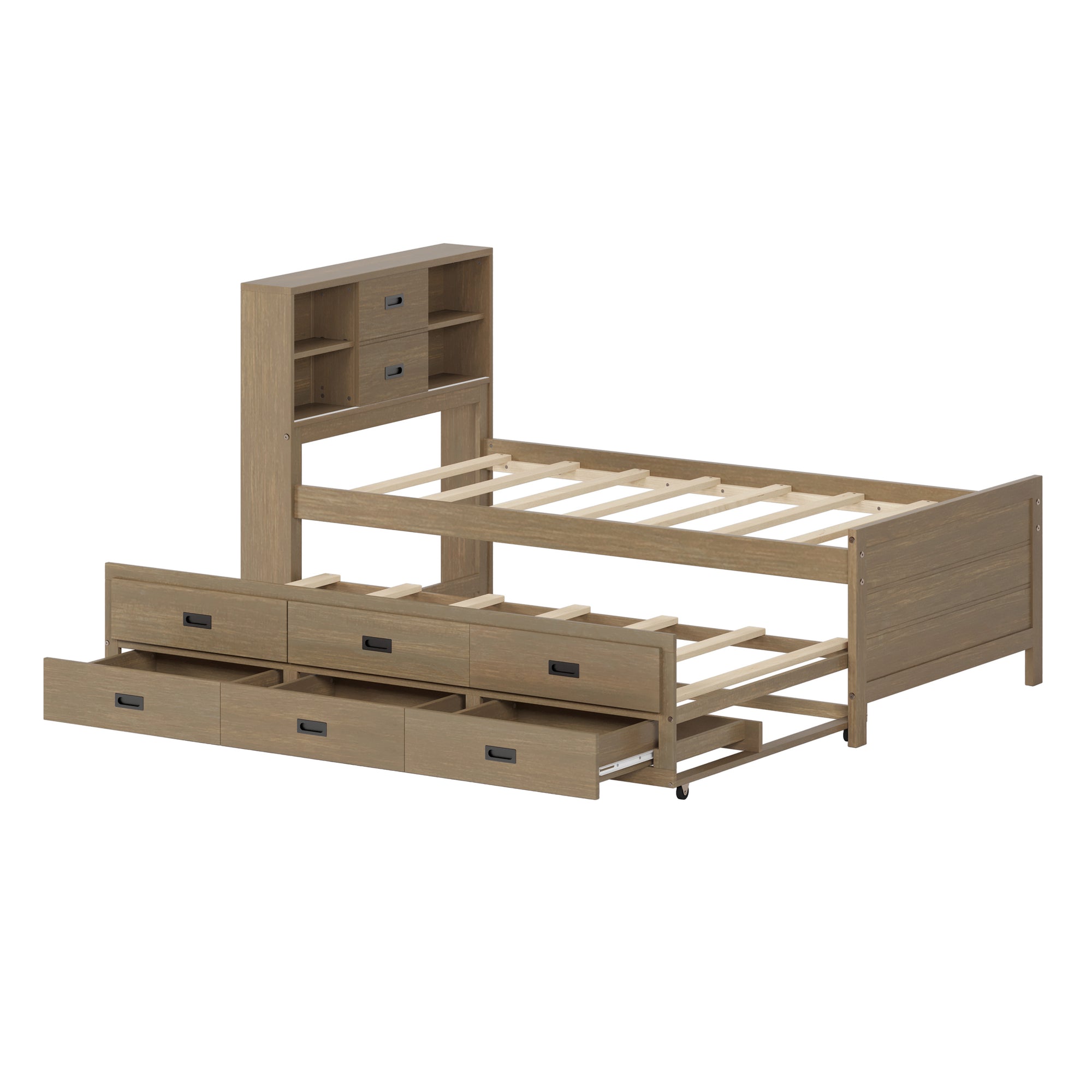 Walnut Twin Platform Bed with Trundle, Drawers & Storage Headboard