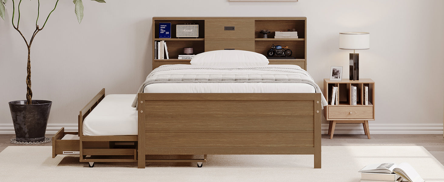 Walnut Twin Platform Bed with Trundle, Drawers & Storage Headboard