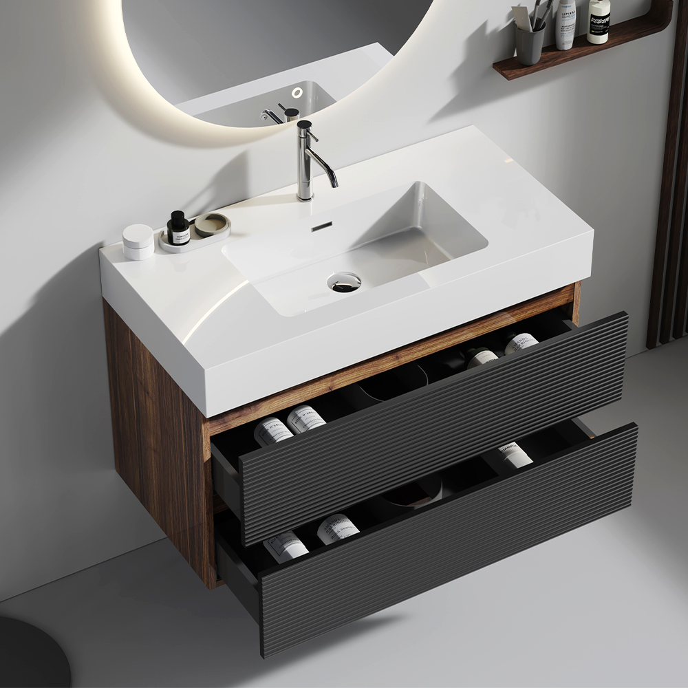 Walnut Bathroom Vanity with Glossy White Sink Soft Black Drawers Wall Mounted Design In Walnut And Black