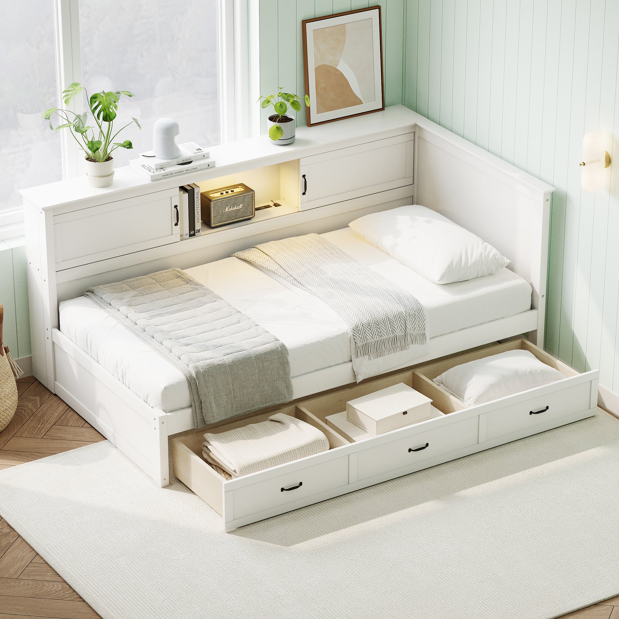 Full L-Shaped Captain Daybed with Storage Cabinets, Drawers & Built-In Charging Station