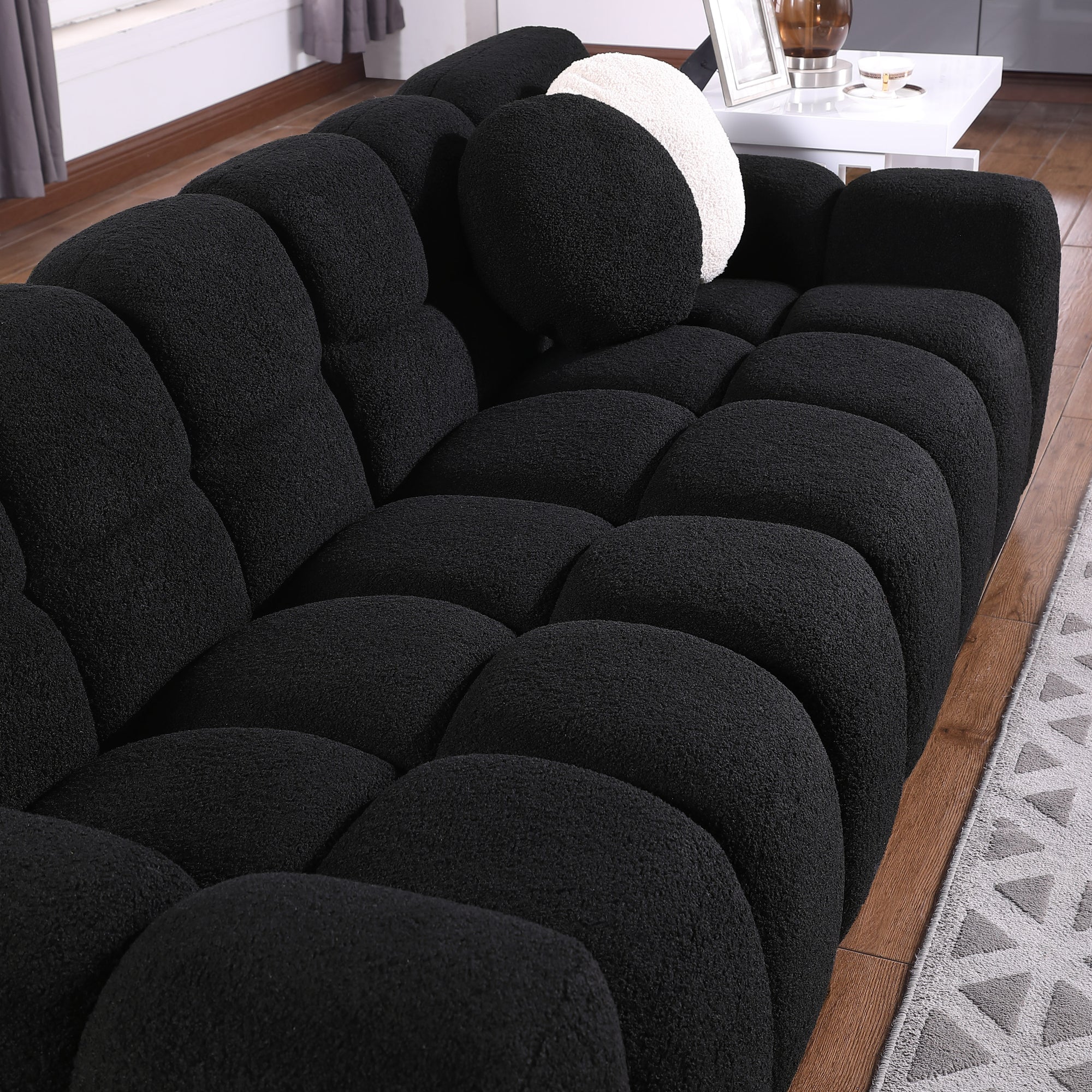 Black Boucle 3-Seater Marshmallow Sofa with Rolled Arms and Plush Foam Cushions