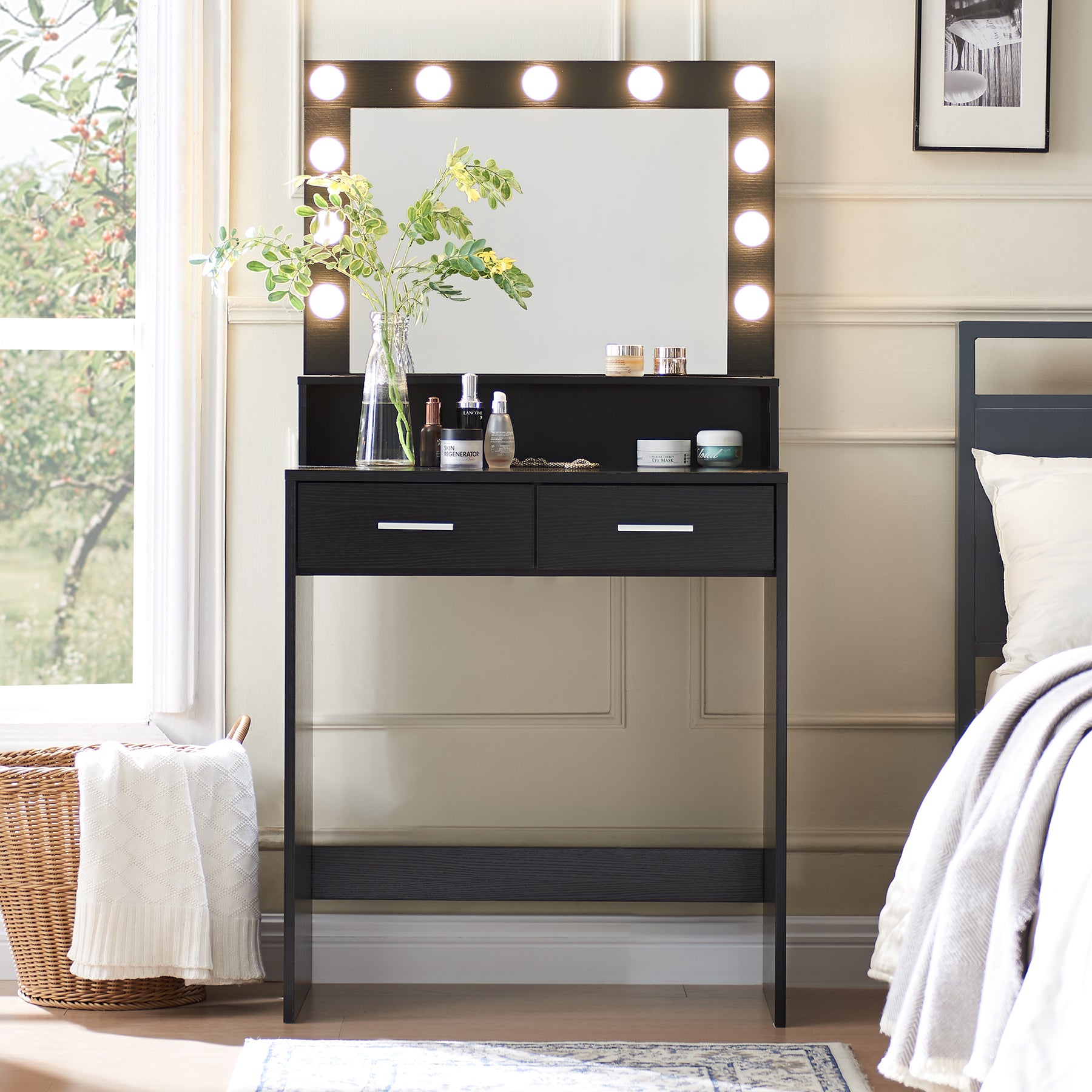 Vanity Desk with Mirror and Lights Large Drawer 3 Lighting Modes Adjustable Brightness In Black