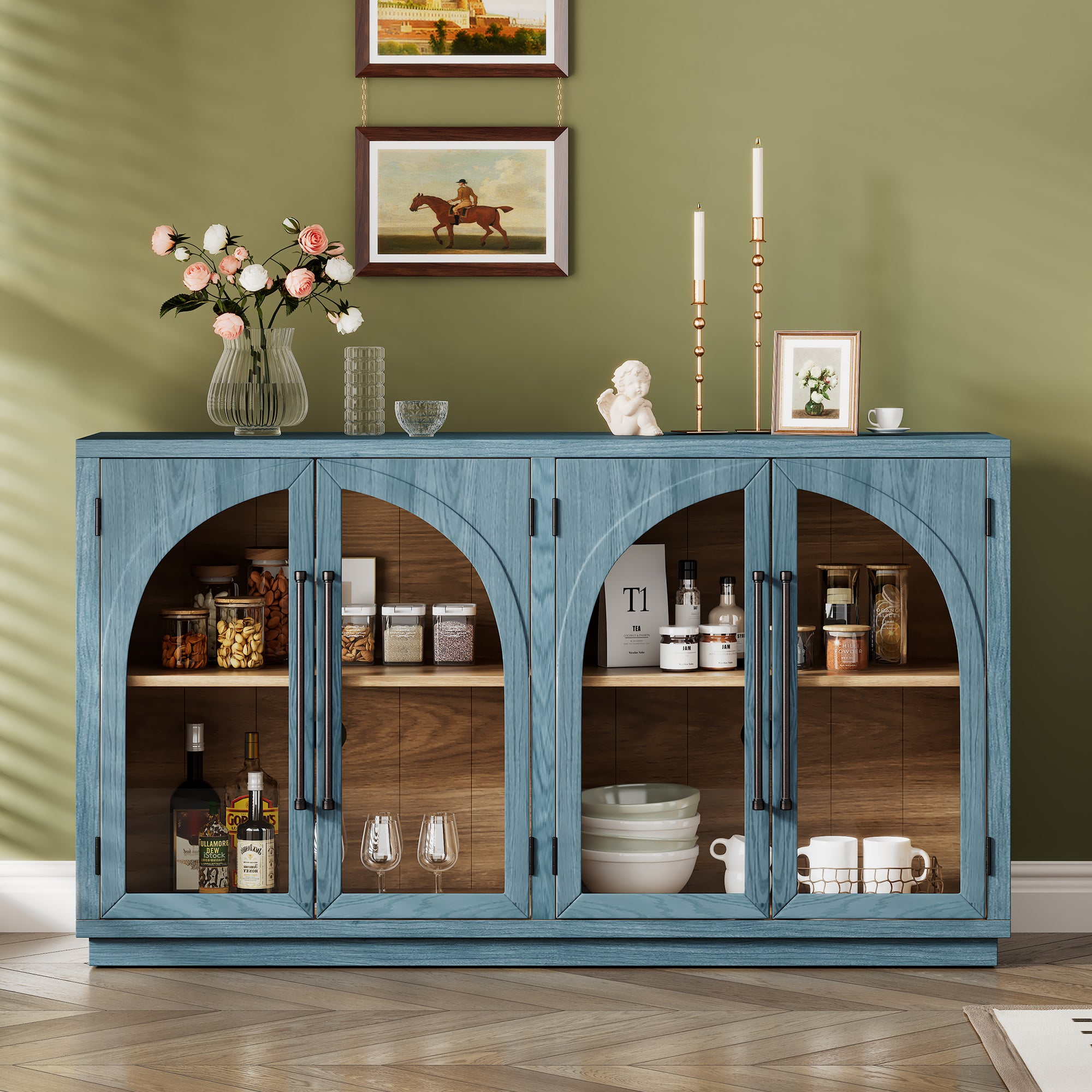 4-Door Large Storage Buffet Cabinet with Glass Doors Arched Design and Adjustable Shelves for Kitchen Dining Room and Living Room In Navy