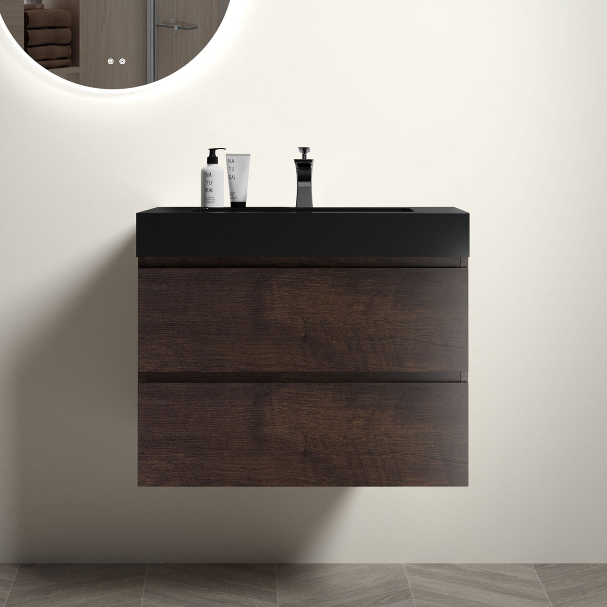 30 Walnut Bathroom Vanity with Sink Large Storage Wall Mounted Floating Design Pre-assembled In Black