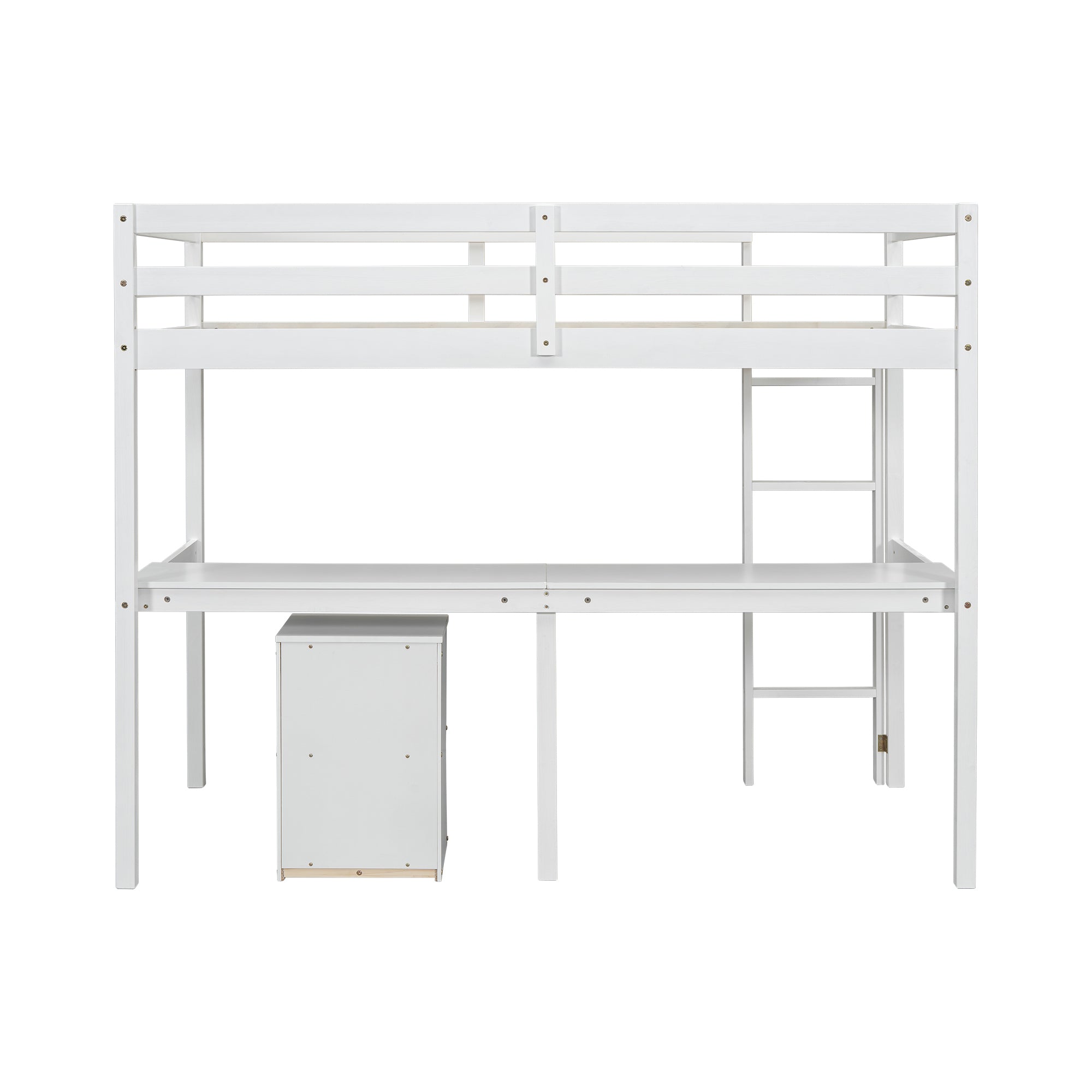 White Twin Loft Bed with Built-in Desk, Storage Cabinet, Guardrails & Ladder