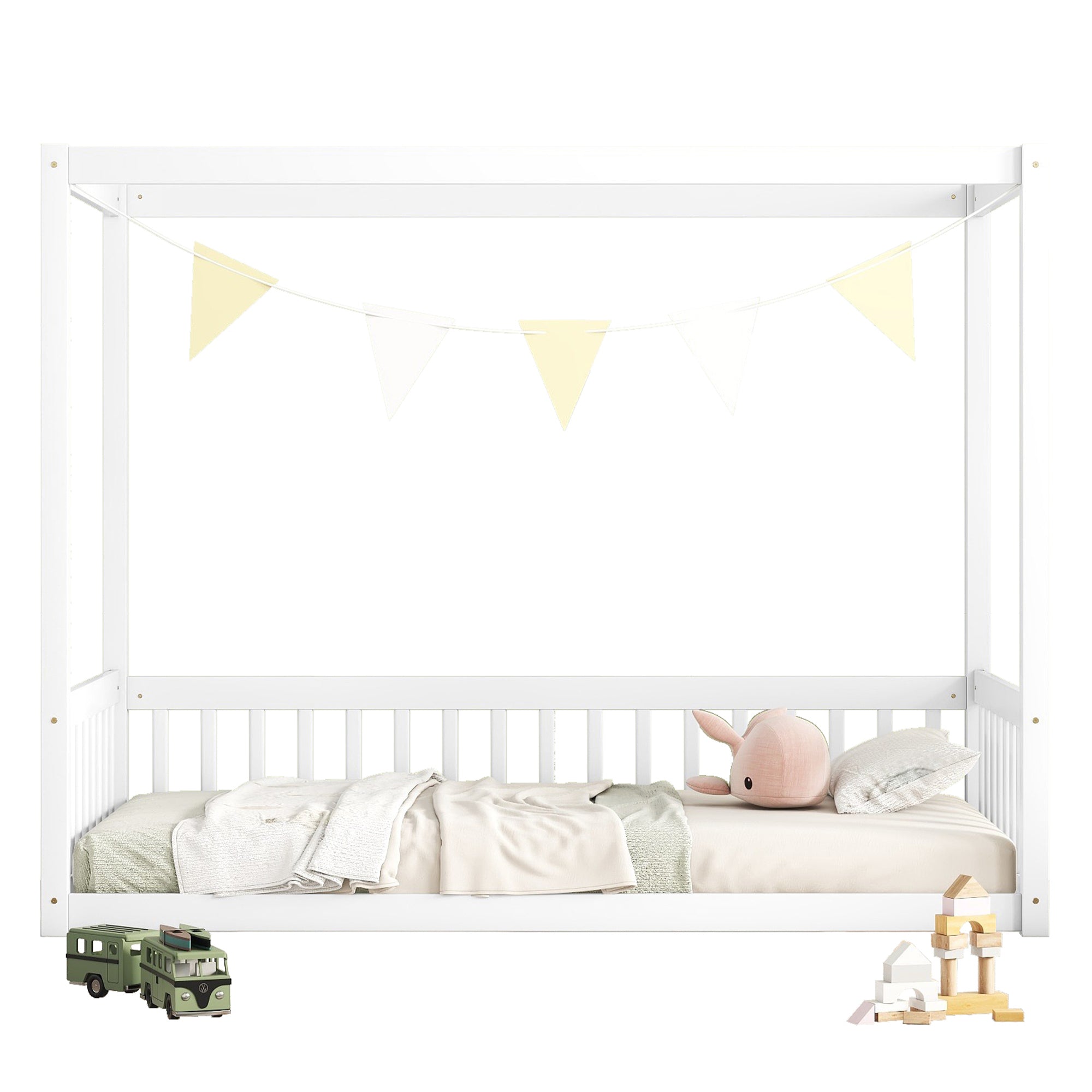 Twin Size White Canopy Frame Floor Bed with Fence and Guardrails