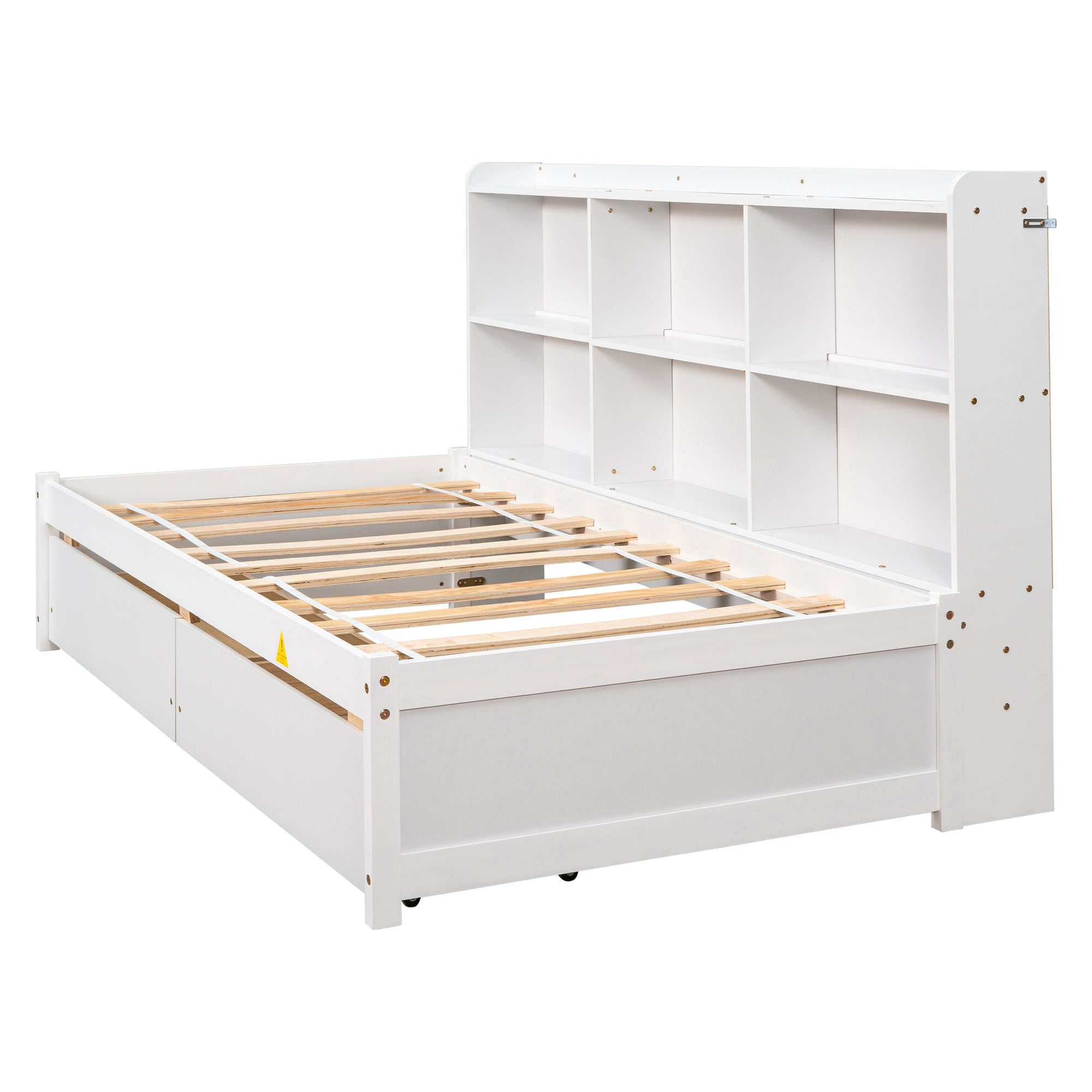 White Twin Bed with Side Bookcase and Storage Drawers