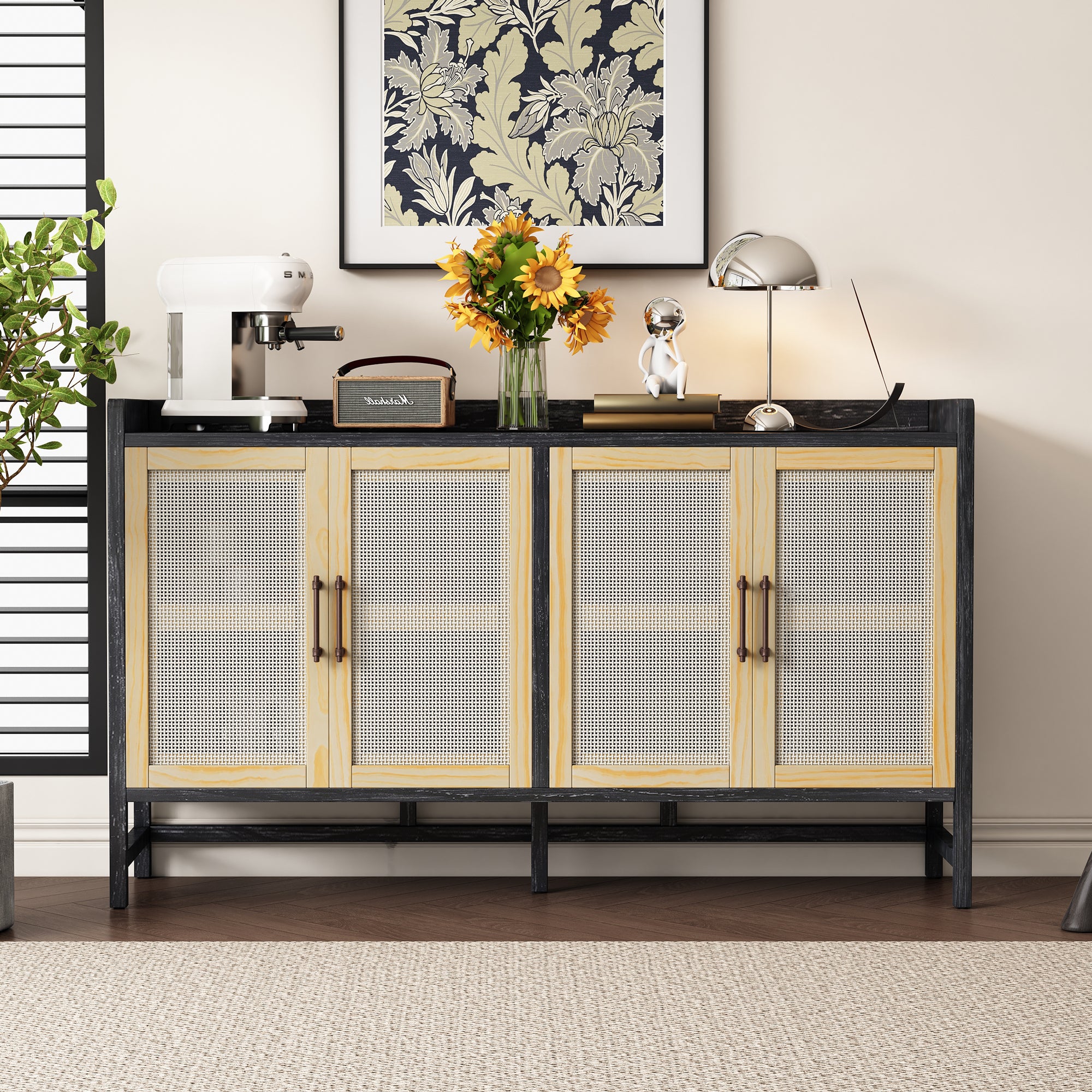 Rustic Buffet Cabinet with Rattan Doors and Storage In Black and Natural