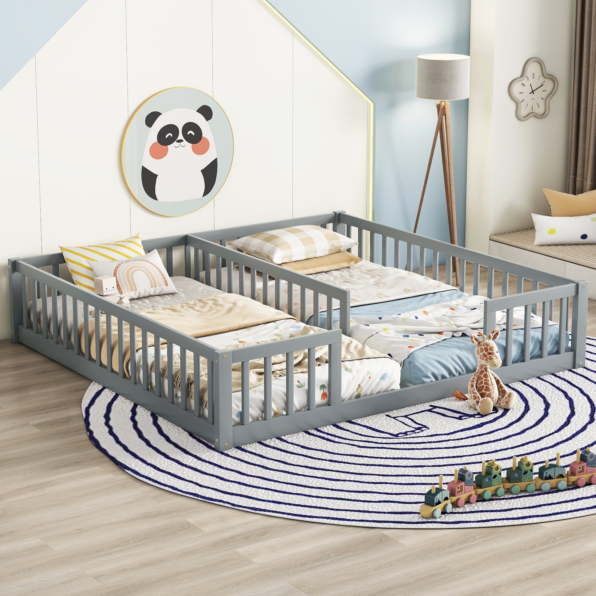 Gray Double Twin Toddler Floor Bed with Fence and Guardrails