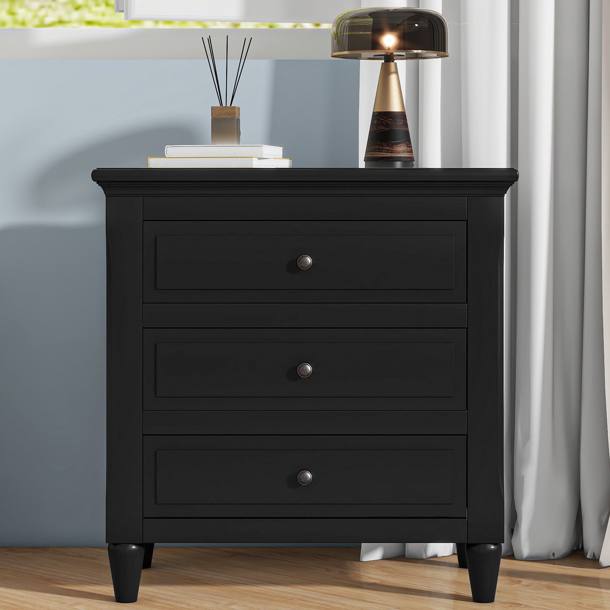 3-Drawer Nightstand Storage Wood Cabinet In Black