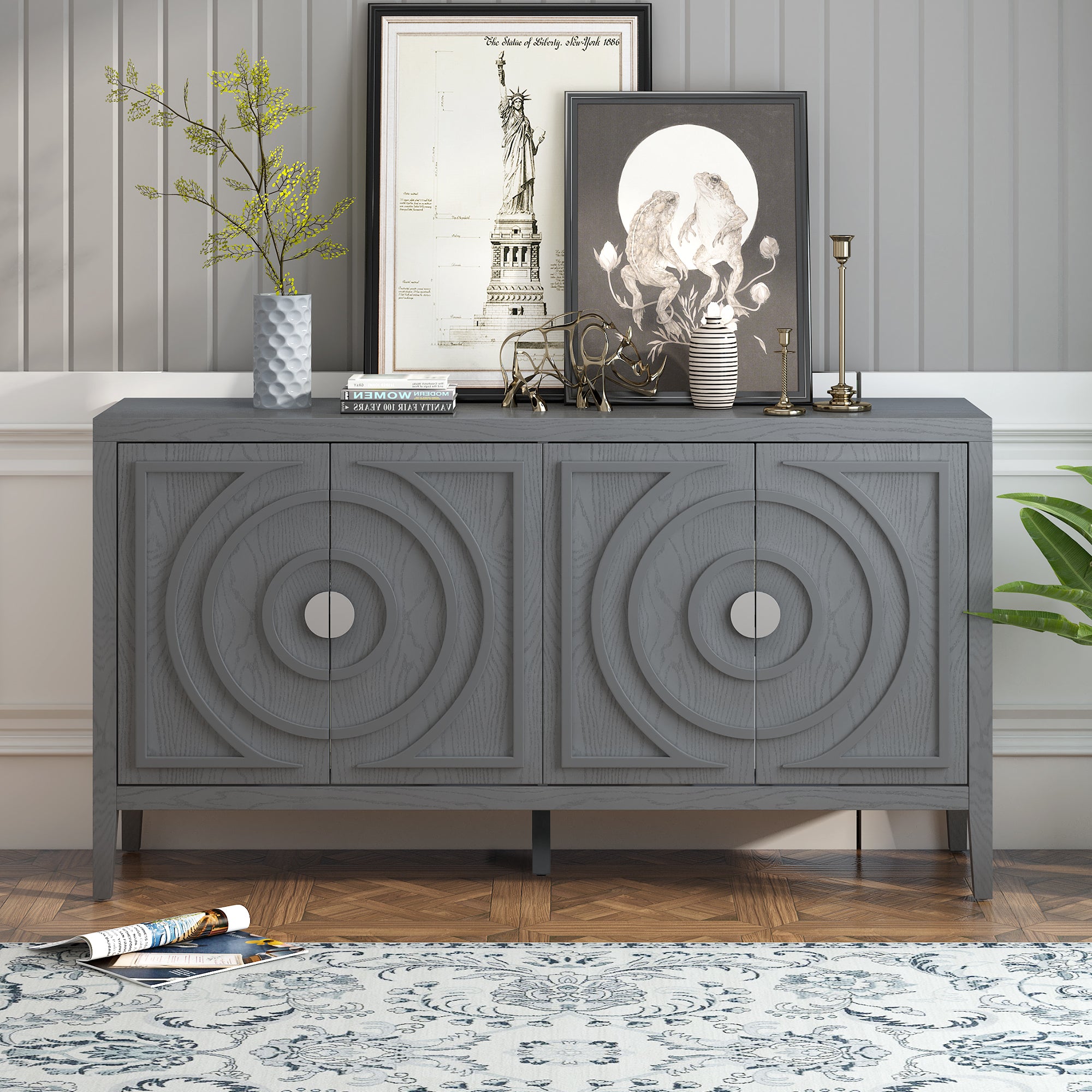 Retro Sideboard with Circular Groove Design and Round Metal Handle for Dining Room and Living Room In Gray