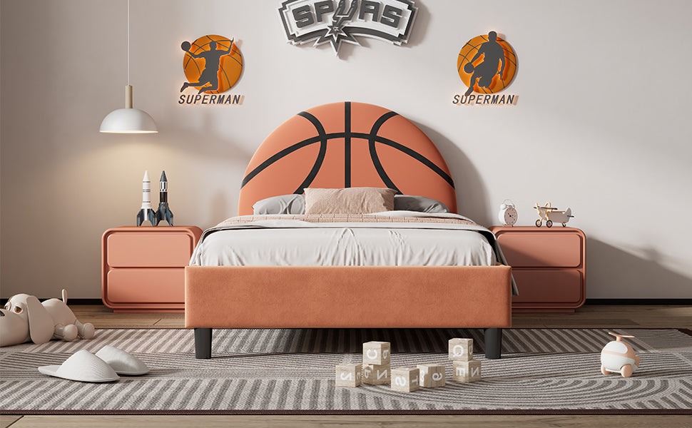 Twin Size Basketball-Themed Velvet Upholstered Bed