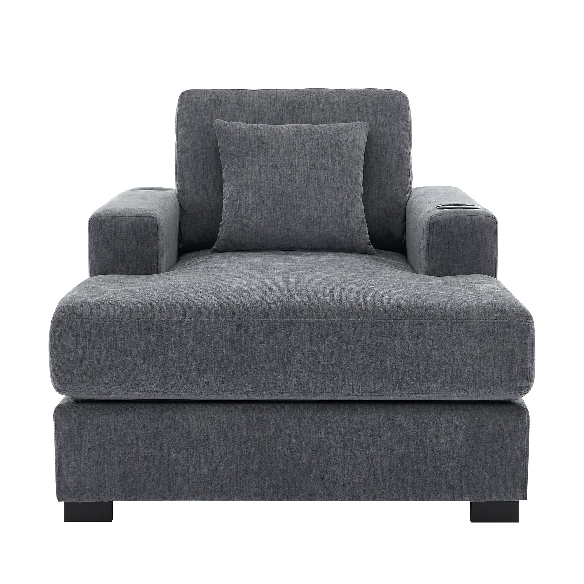 Blue-Gray Chenille Oversized Chaise Lounger with Built-in Charge Station & Cup Holders