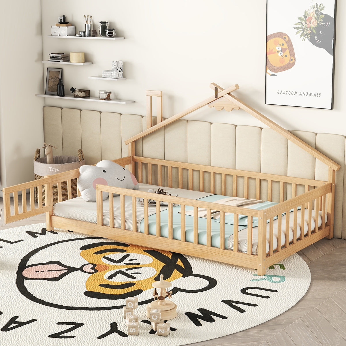 Twin House-Shaped Bedside Floor Bed with Guardrails and Door in Natural Finish