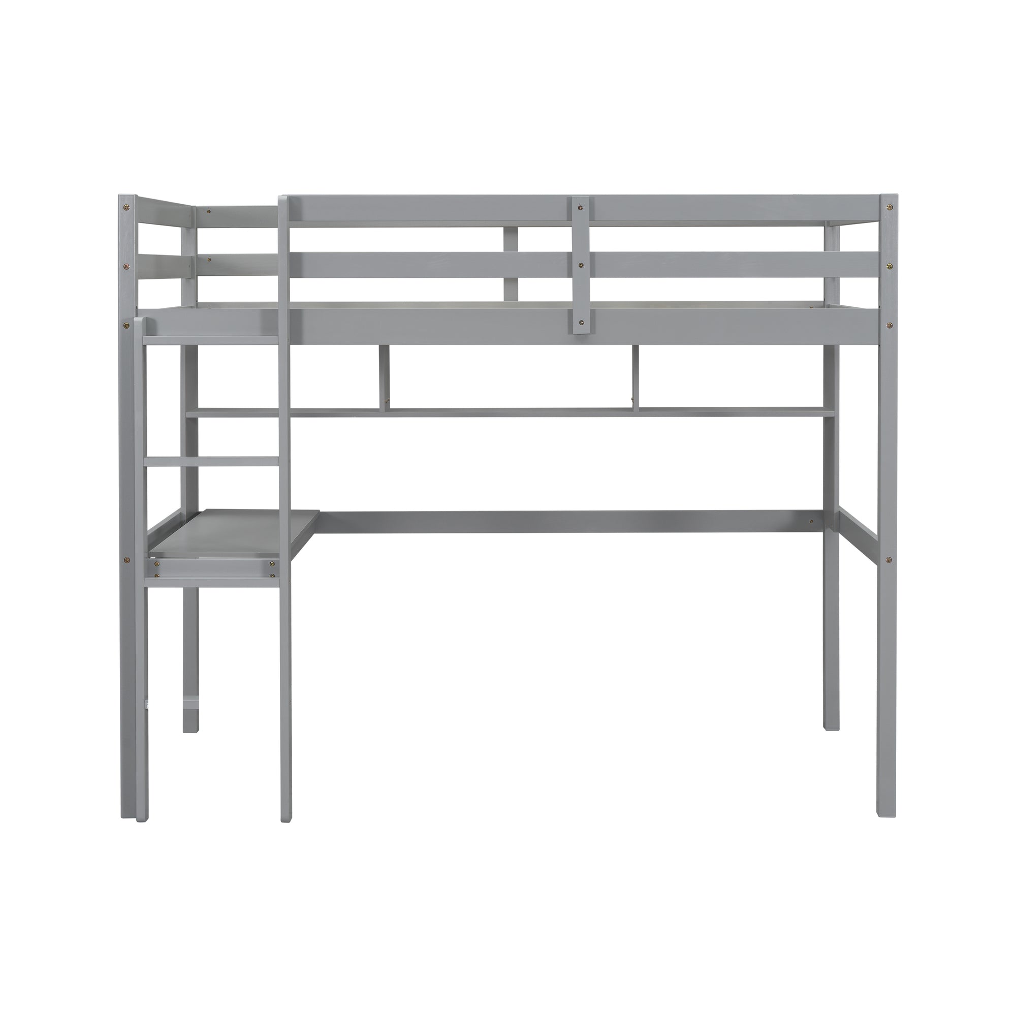 Gray Twin Loft Bed with Desk, Bookcase, and Safety Guardrail