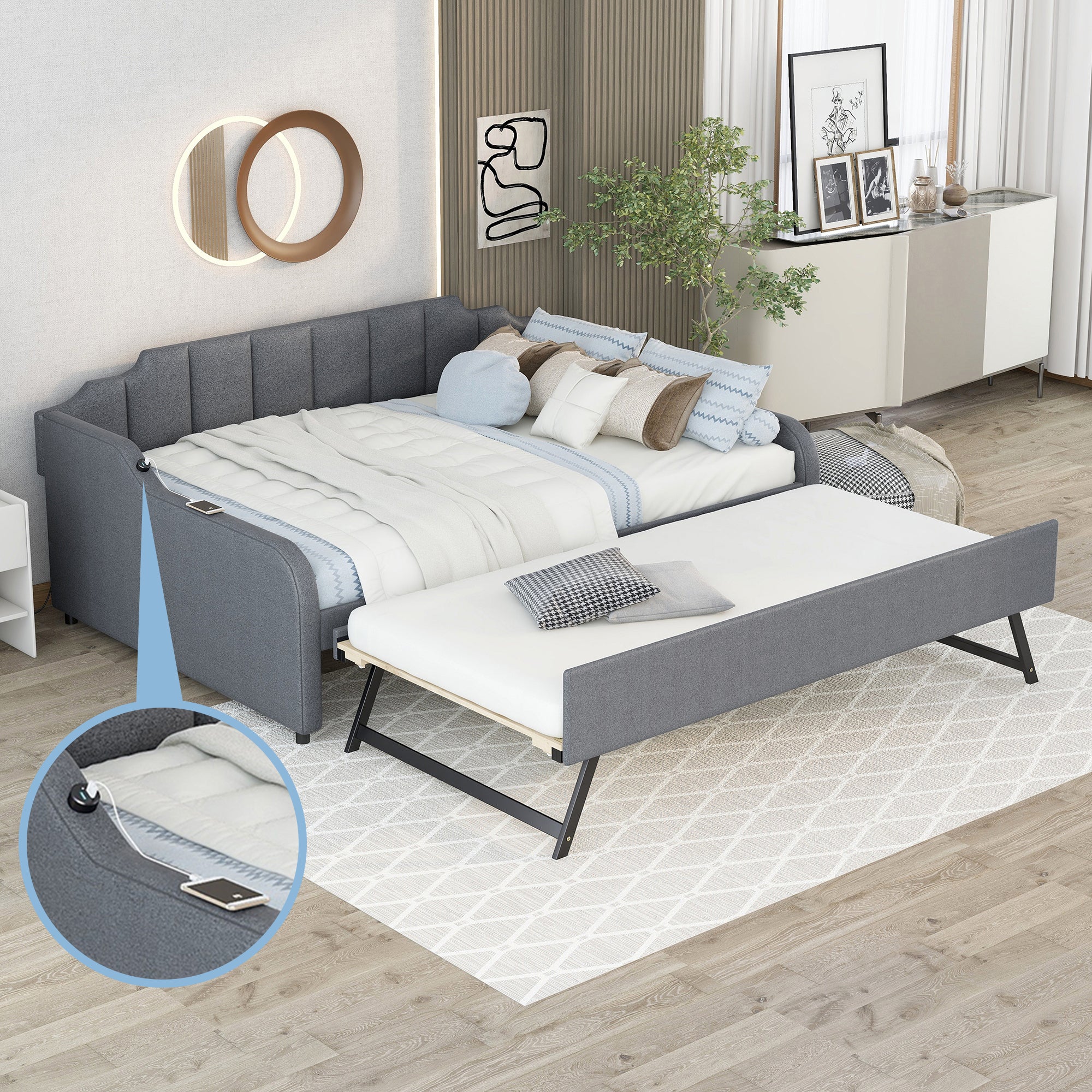 Full Size Upholstery Daybed with Trundle and USB Charging Design Trundle Flat or Erected In Gray