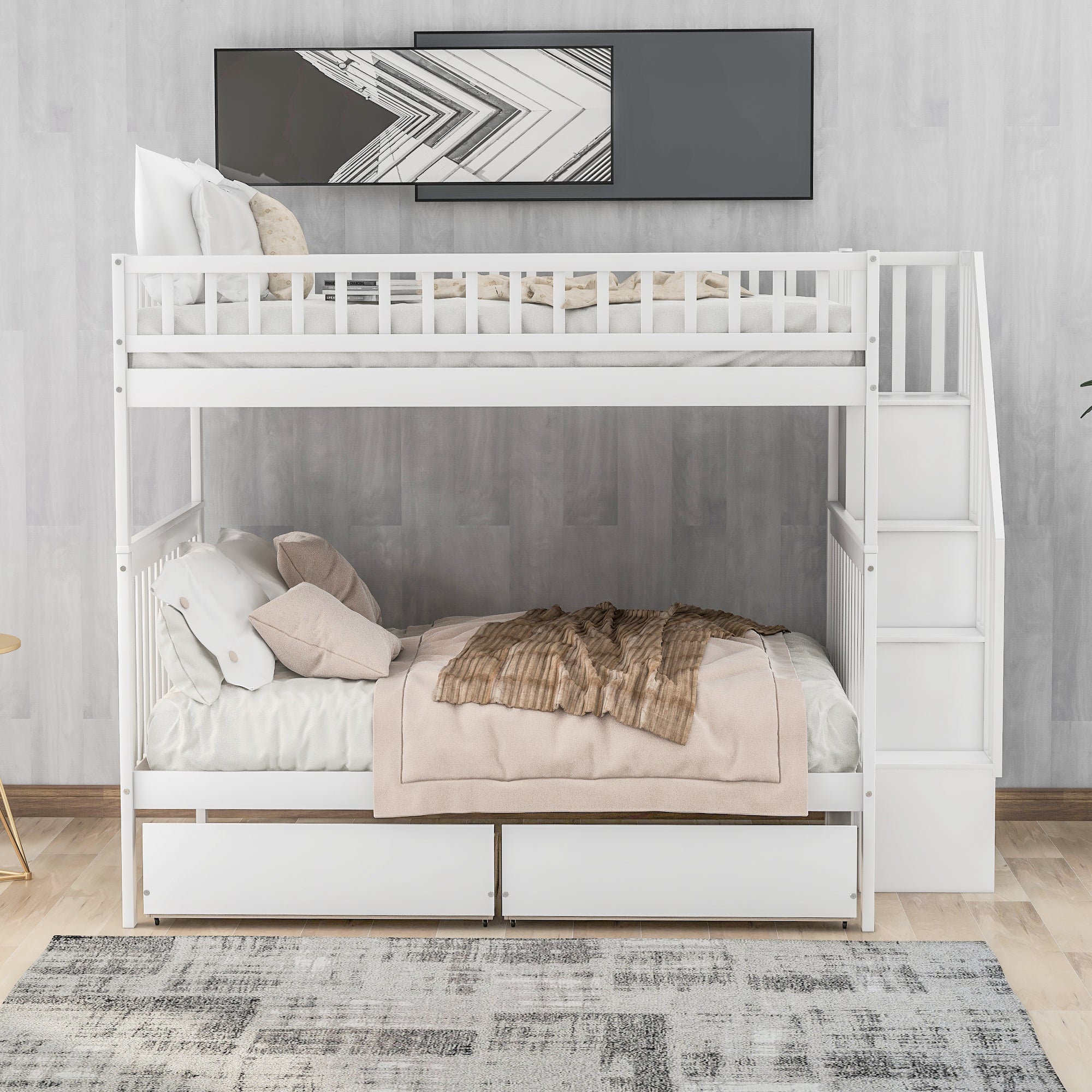 Full Over Full Bunk Bed with Storage and Two Drawers In White