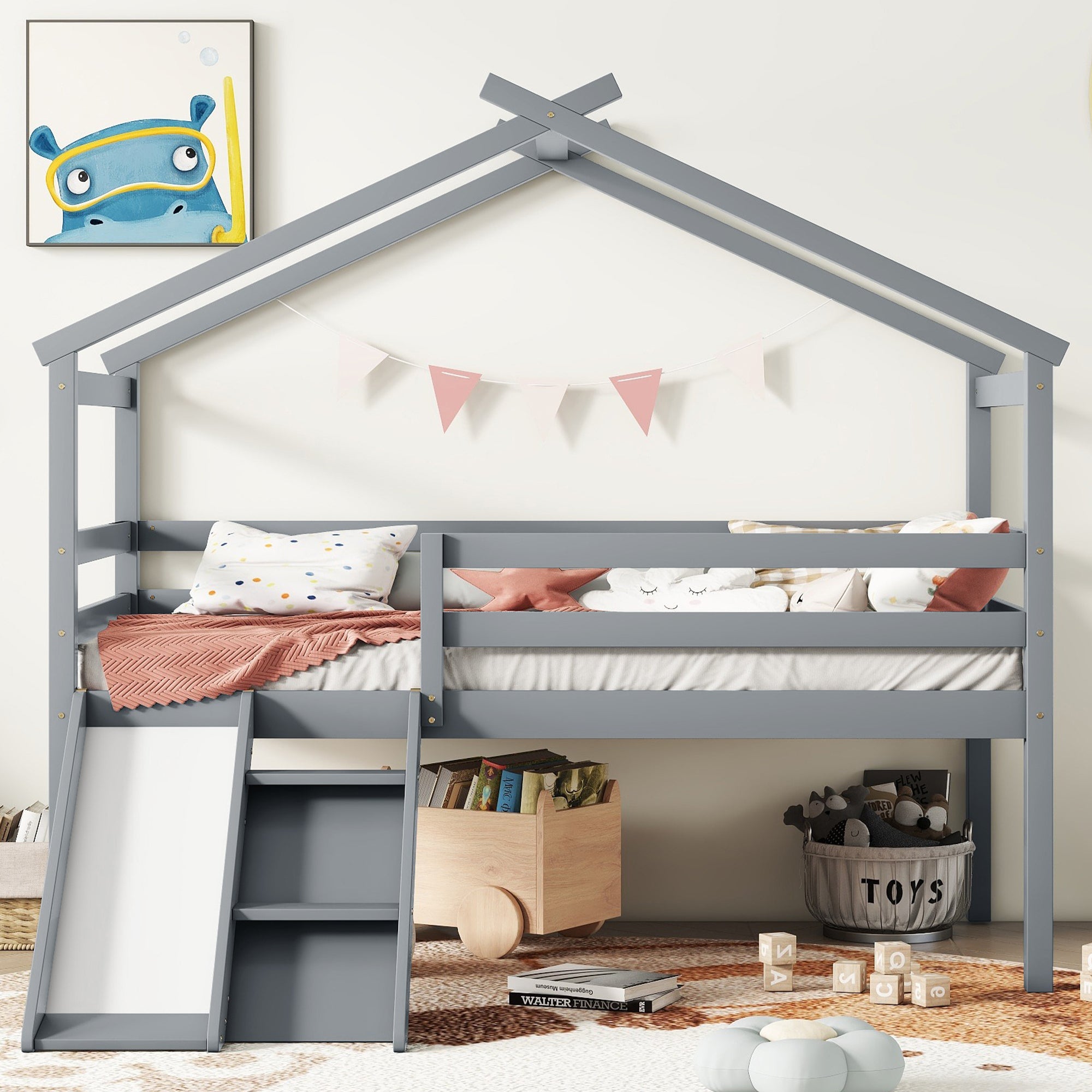 Gray Twin Low Loft House Bed with Slide, Ladder, and Roof Frame