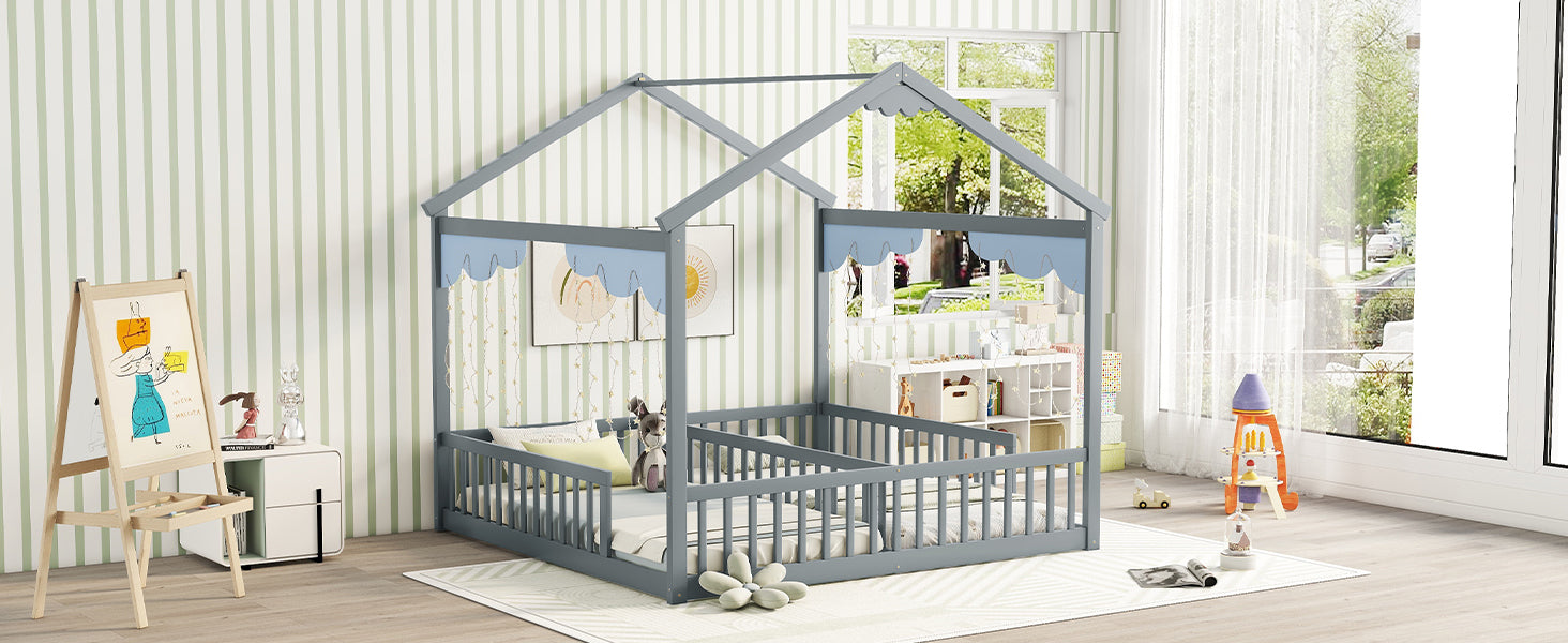 Gray Double Twin House-Style Toddler Floor Bed with Fence and Guardrails