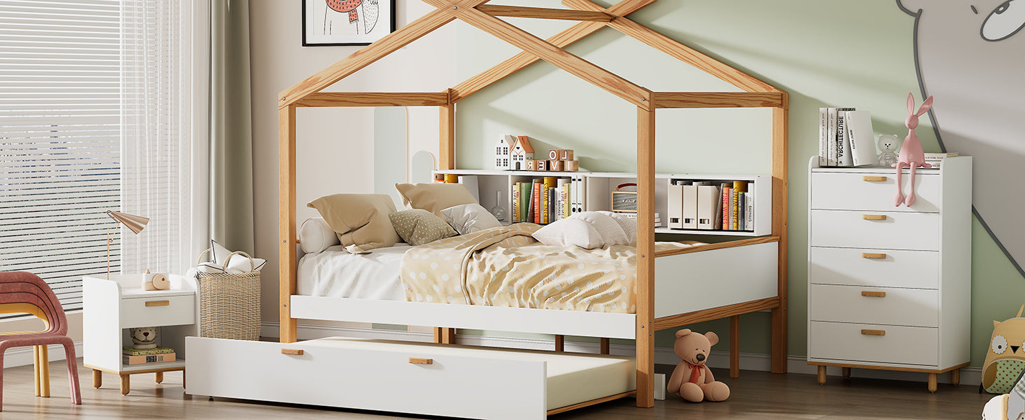 White and Natural Tone Full House Bed with Trundle and Bookshelf Storage