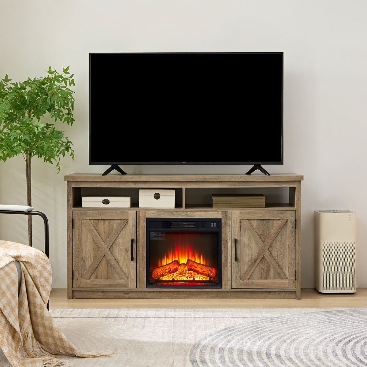 Farmhouse TV Media Stand With Fireplace Insert For TVs Up To 65 Inches In Gray Wash