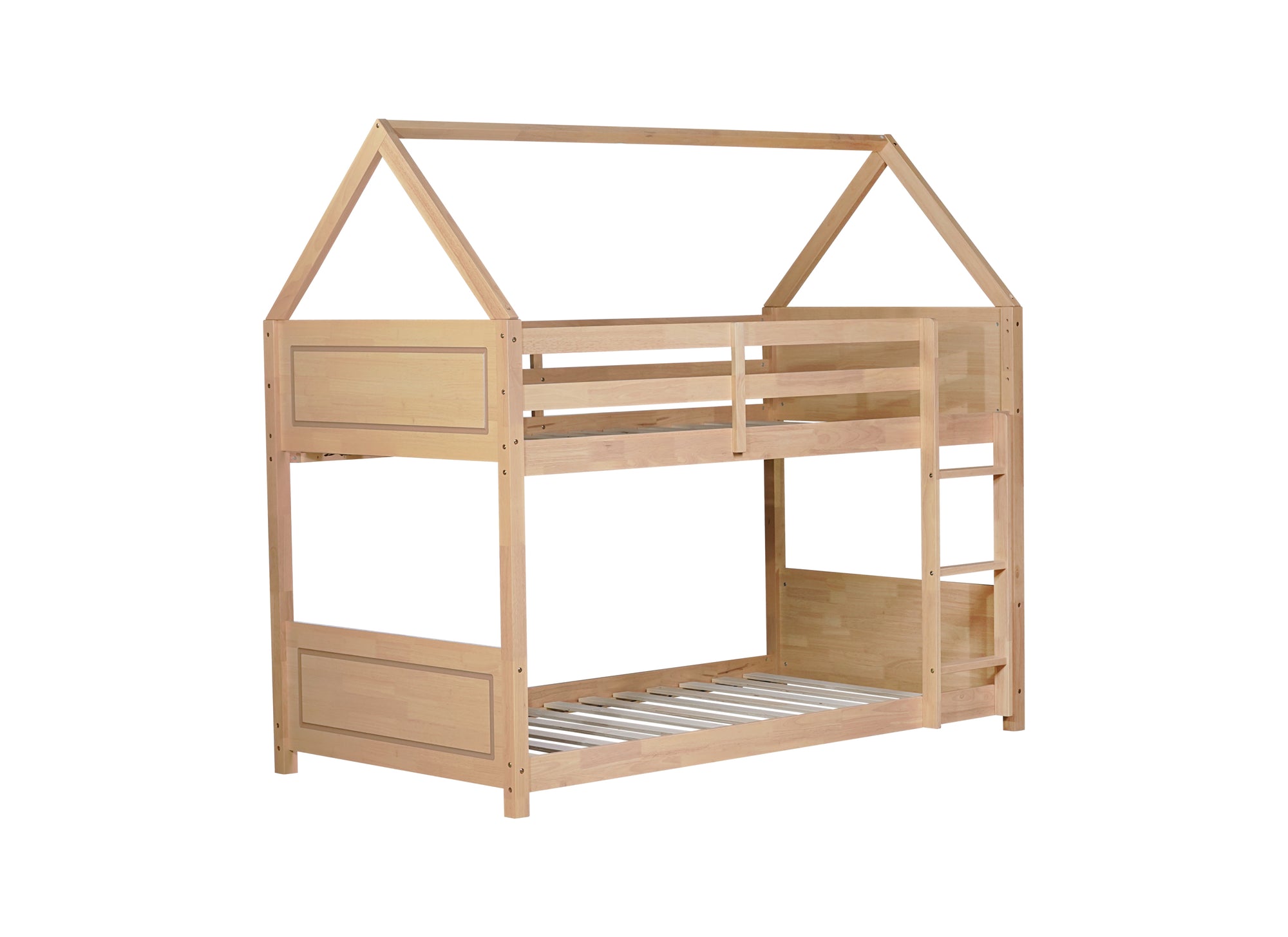 White Oak Twin Over Twin House Floor Bunk Bed with Headboards, Footboards, Guardrails, and Ladder