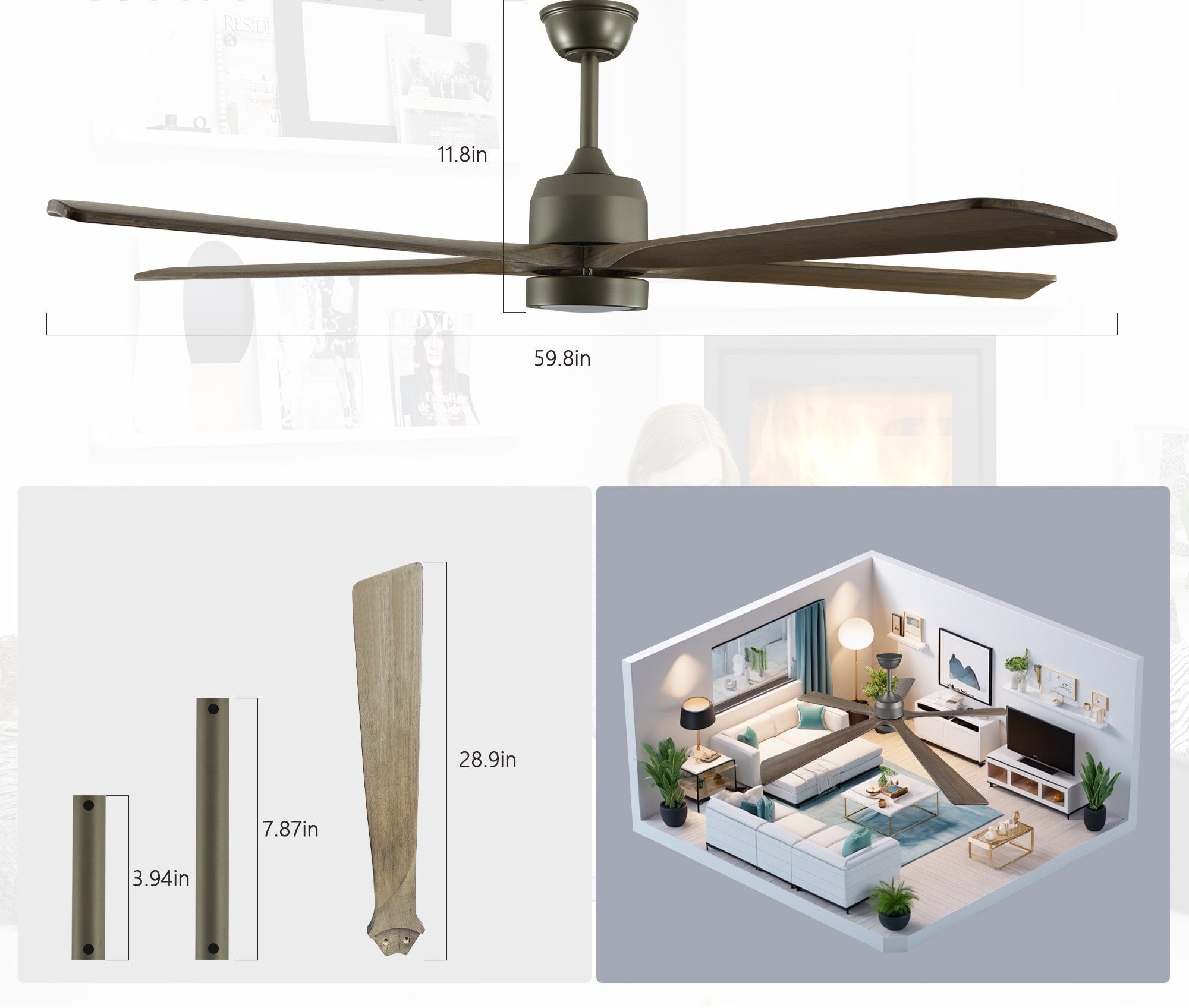 60-Inch Noiseless Wood Ceiling Fan with Dimmable LED Light