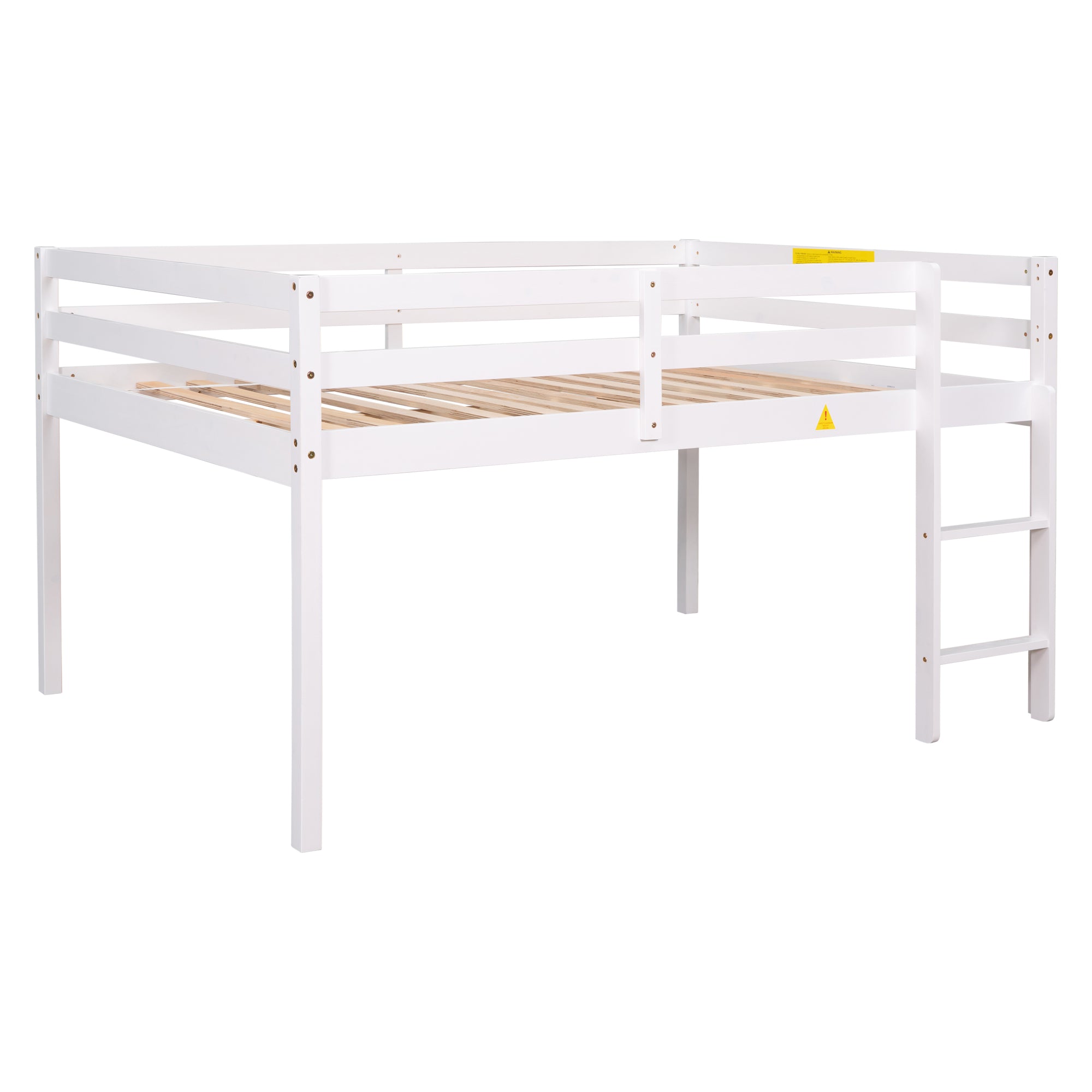 White Full Low Loft Bed with Ladder and Guardrails