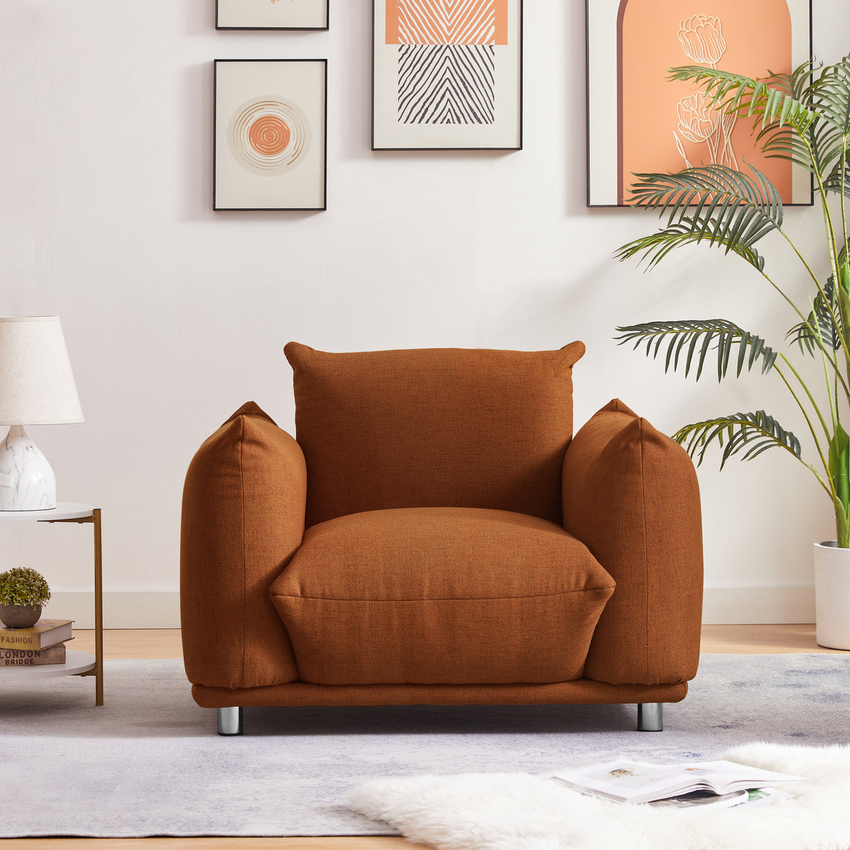 Wide Pillow Single Sofa Accent Chair In Rust Red Cotton Linen