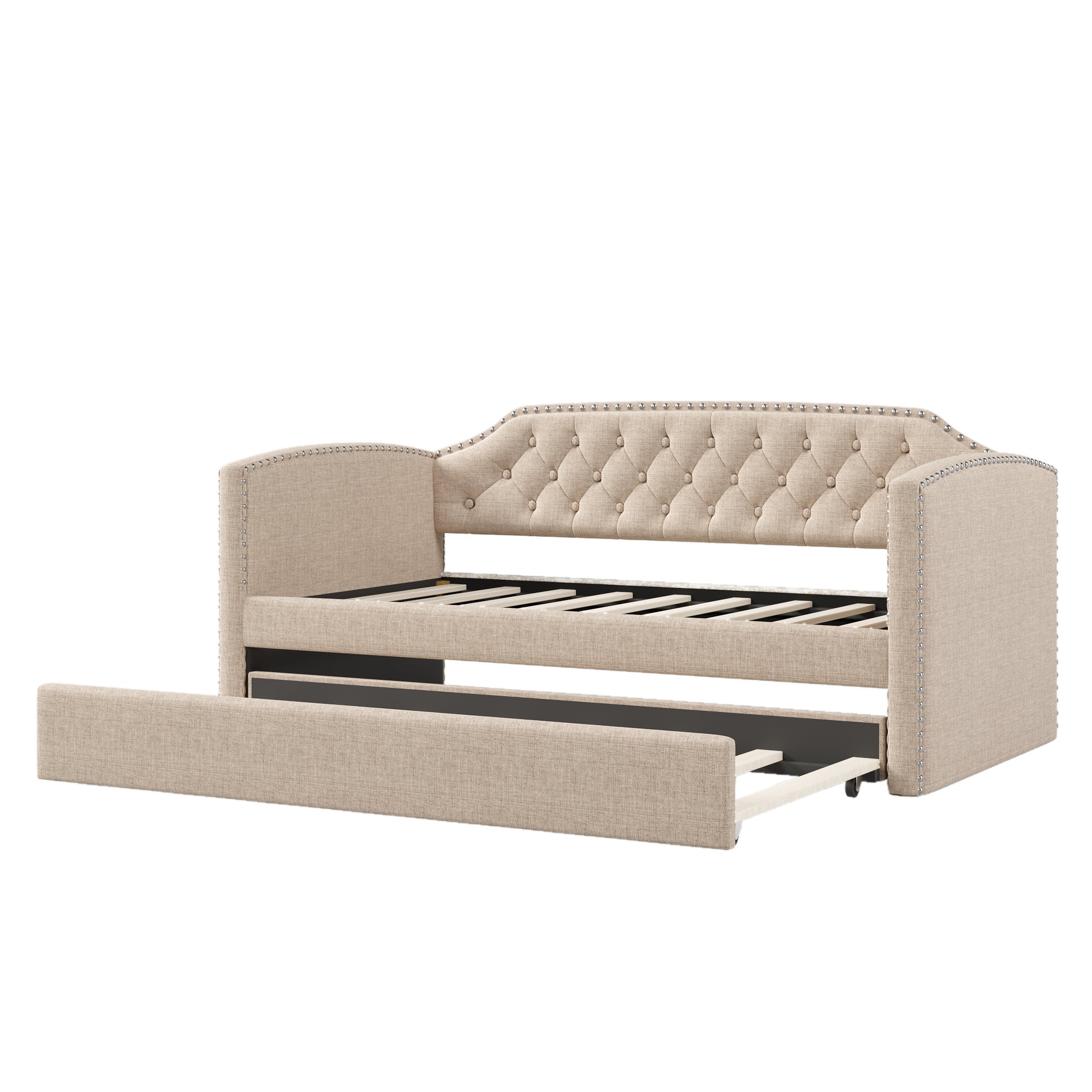 Twin Upholstered Daybed with Trundle in Beige Linen