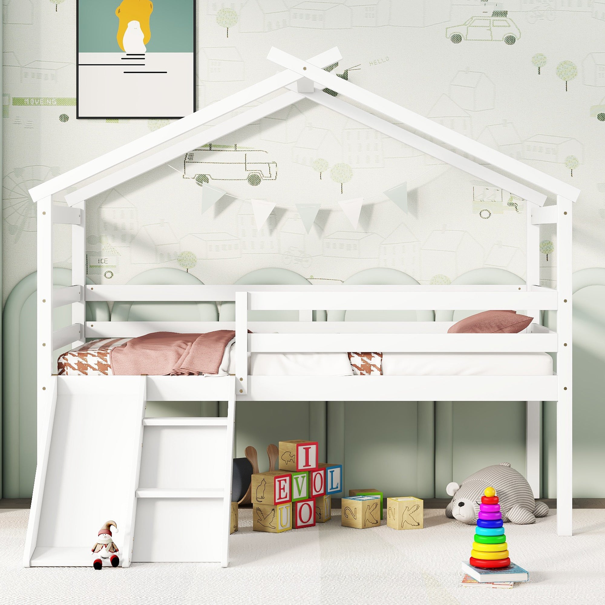 White Twin Low Loft House Bed with Slide and Ladder