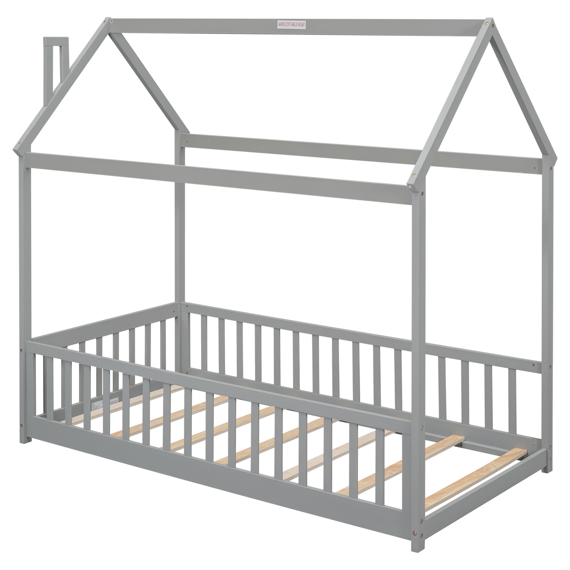 Gray Twin House Bed with Guardrails and Slats