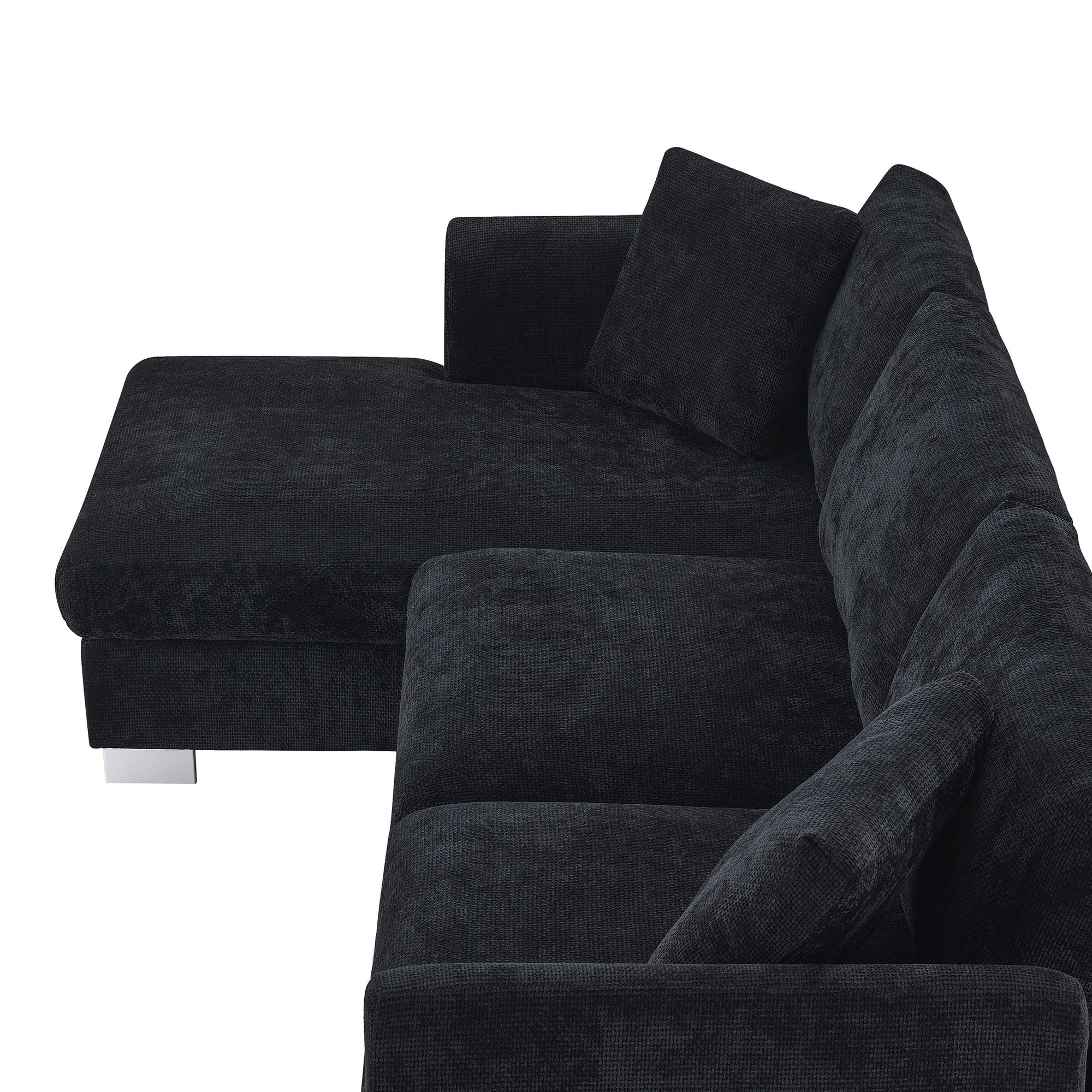 Black Chenille L-Shaped Sectional Sofa with Chaise Lounge and Aluminum Legs