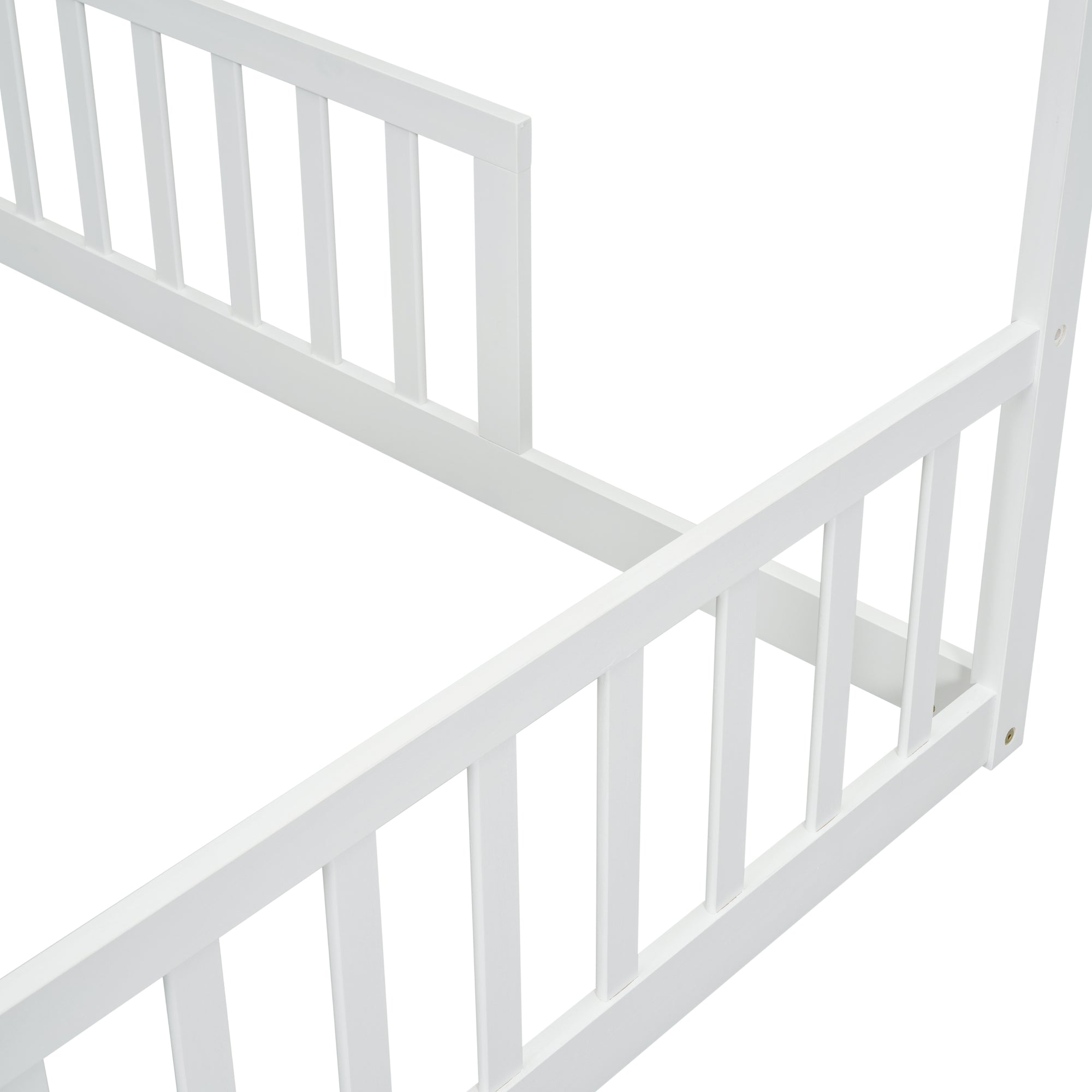 White Double Twin House-Style Toddler Floor Bed with Fence & Guardrails