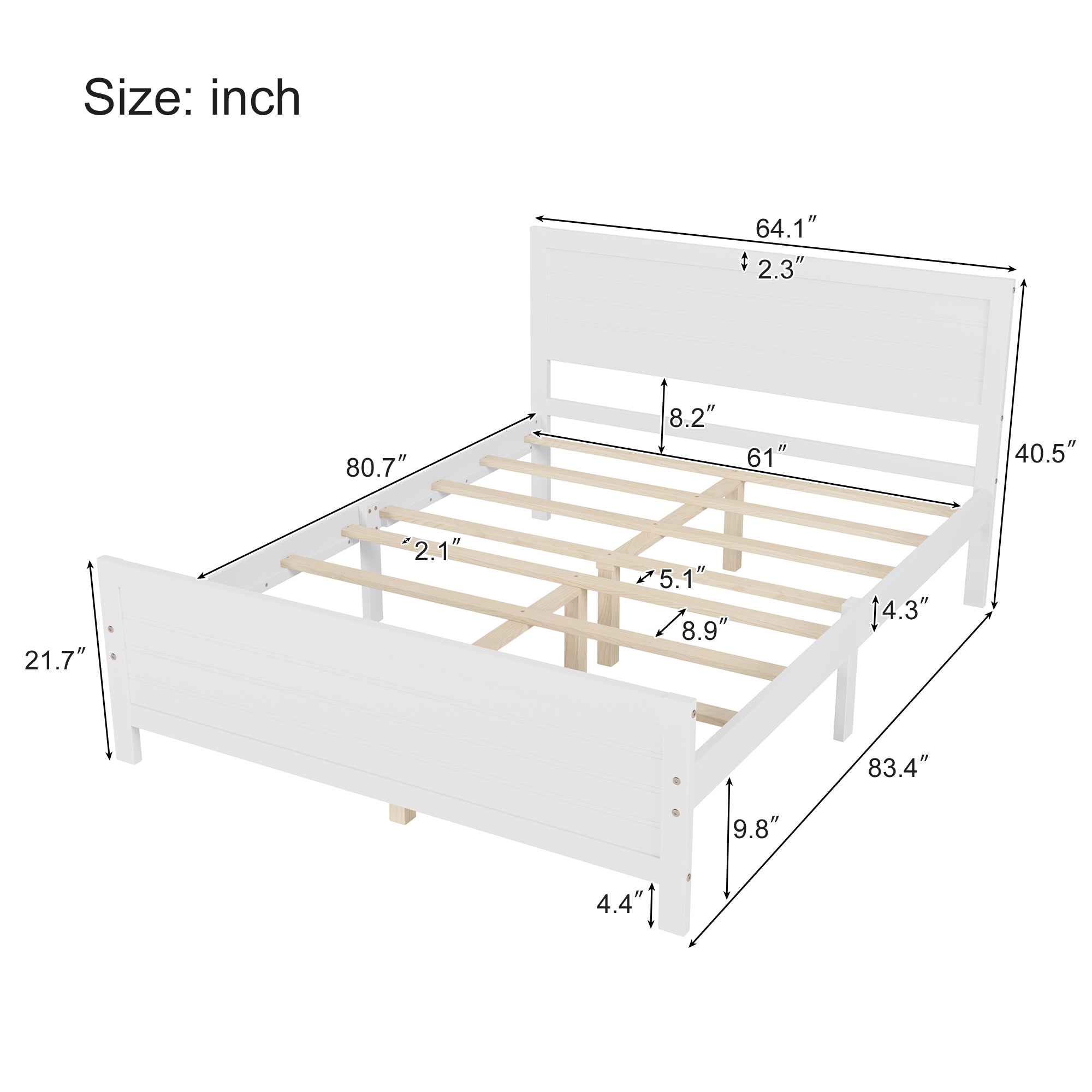 Queen Size Bed with Solid Wood Frame in White