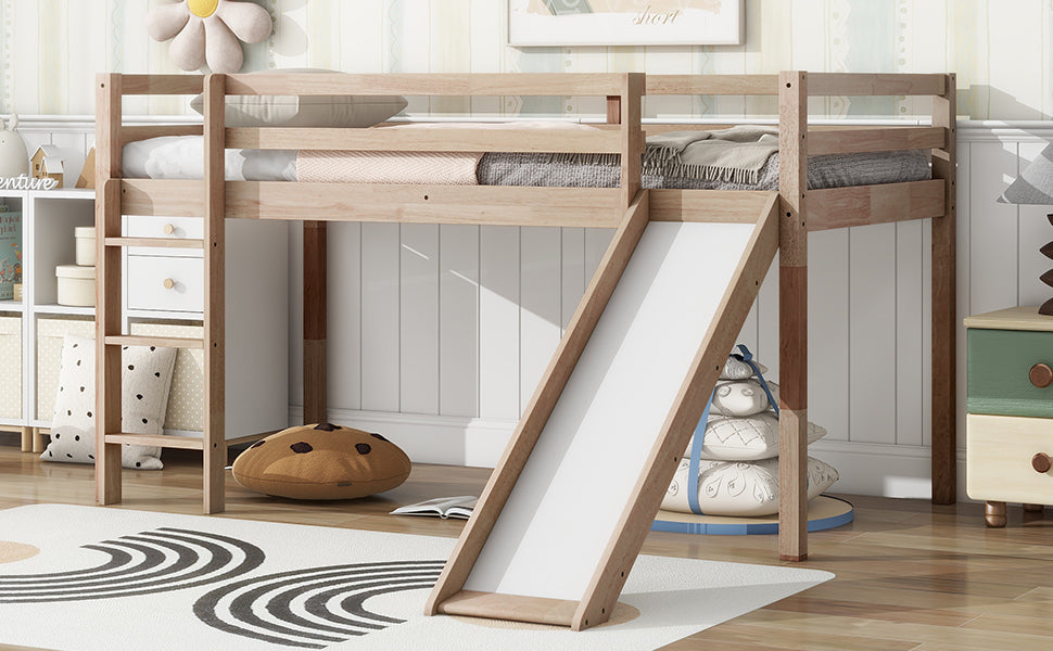 White Oak Twin Low Loft Bed with Slide and Ladder